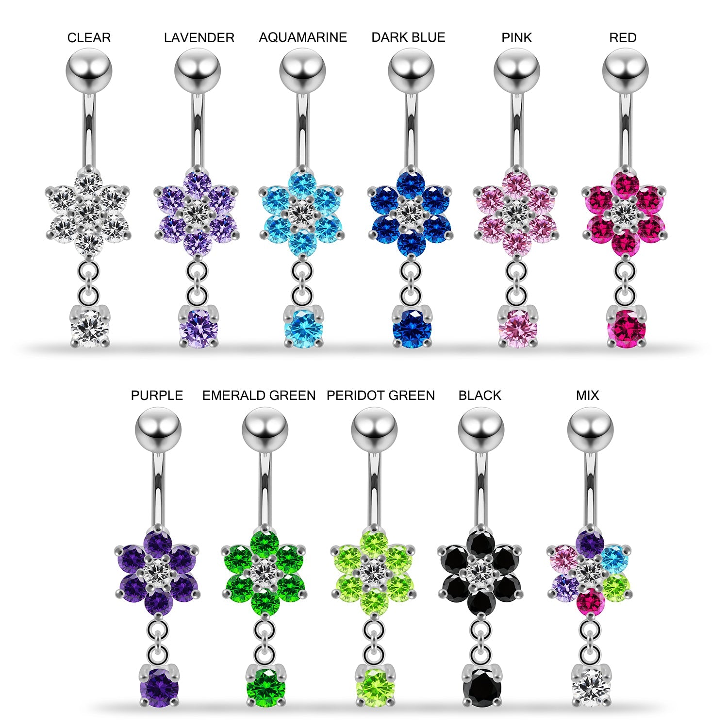 925 Sterling Silver Round CZ Jewelled Flower Dangling Belly Ring - Monster Piercing