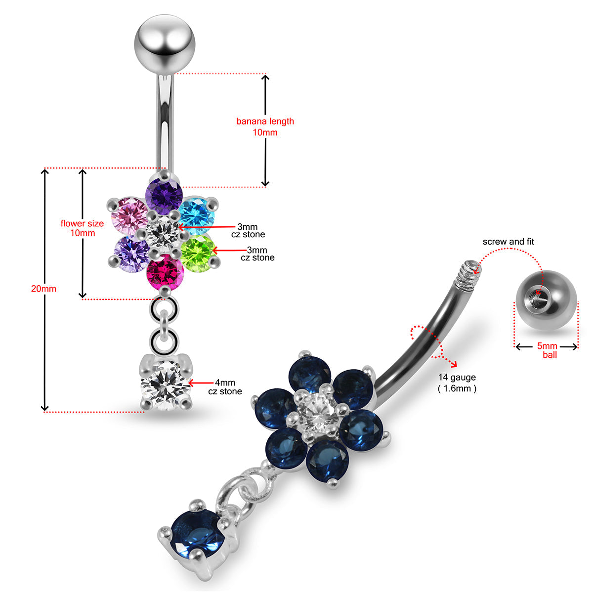 925 Sterling Silver Round CZ Jewelled Flower Dangling Belly Ring - Monster Piercing