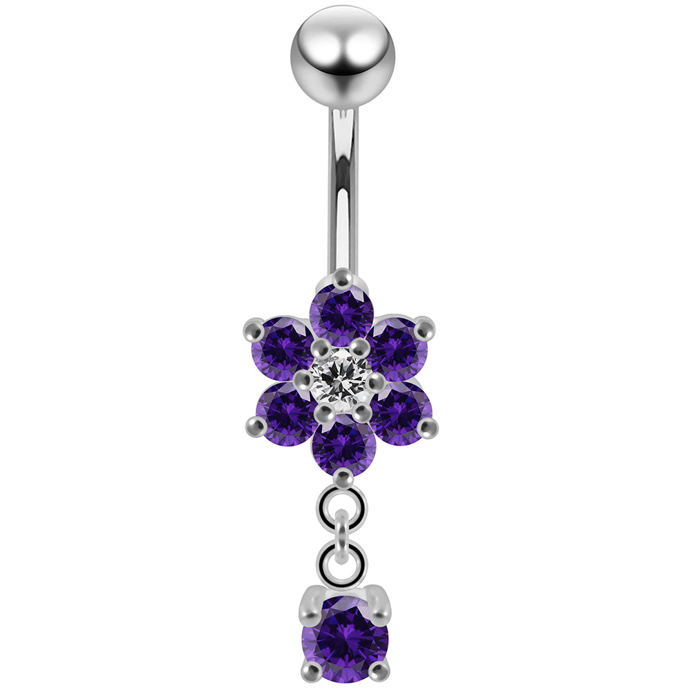 925 Sterling Silver Round CZ Jewelled Flower Dangling Belly Ring - Monster Piercing