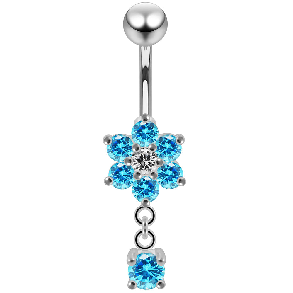 925 Sterling Silver Round CZ Jewelled Flower Dangling Belly Ring - Monster Piercing