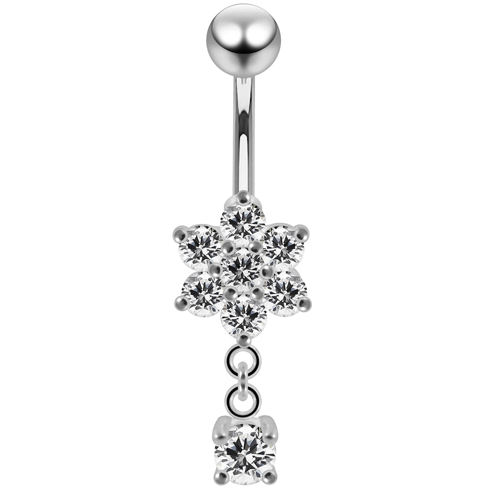 925 Sterling Silver Round CZ Jewelled Flower Dangling Belly Ring - Monster Piercing