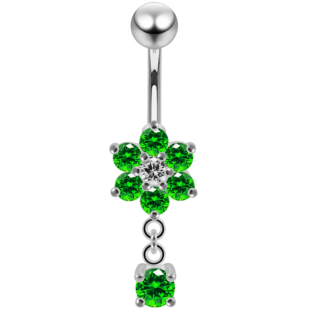 925 Sterling Silver Round CZ Jewelled Flower Dangling Belly Ring - Monster Piercing