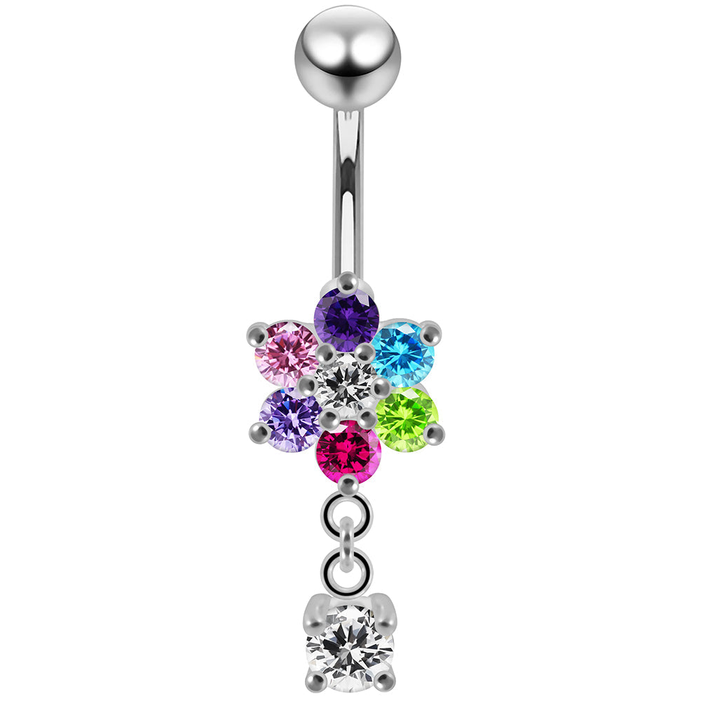 925 Sterling Silver Round CZ Jewelled Flower Dangling Belly Ring - Monster Piercing