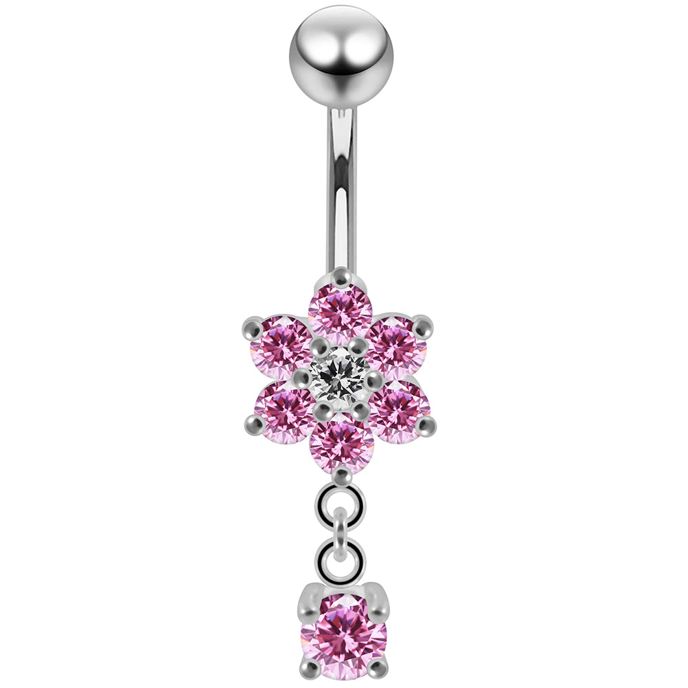925 Sterling Silver Round CZ Jewelled Flower Dangling Belly Ring - Monster Piercing