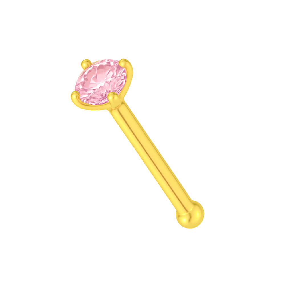 9K Gold Ball End Pink Cubic Zirconia Jewelled Nose Stud - Monster Piercing