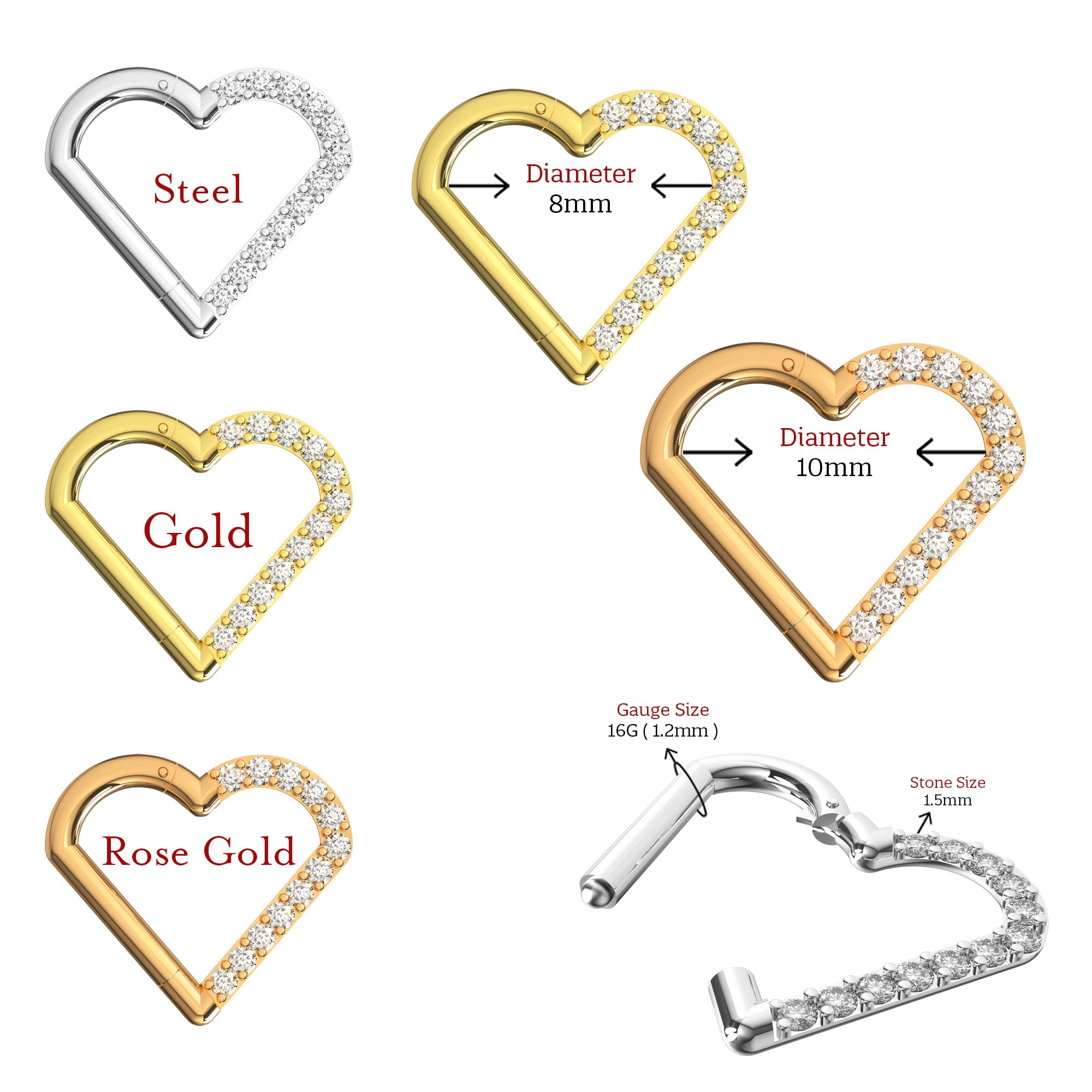 316L Surgical Steel CZ Jewelled Heart Hinged Segment Clicker Ring - Monster Piercing