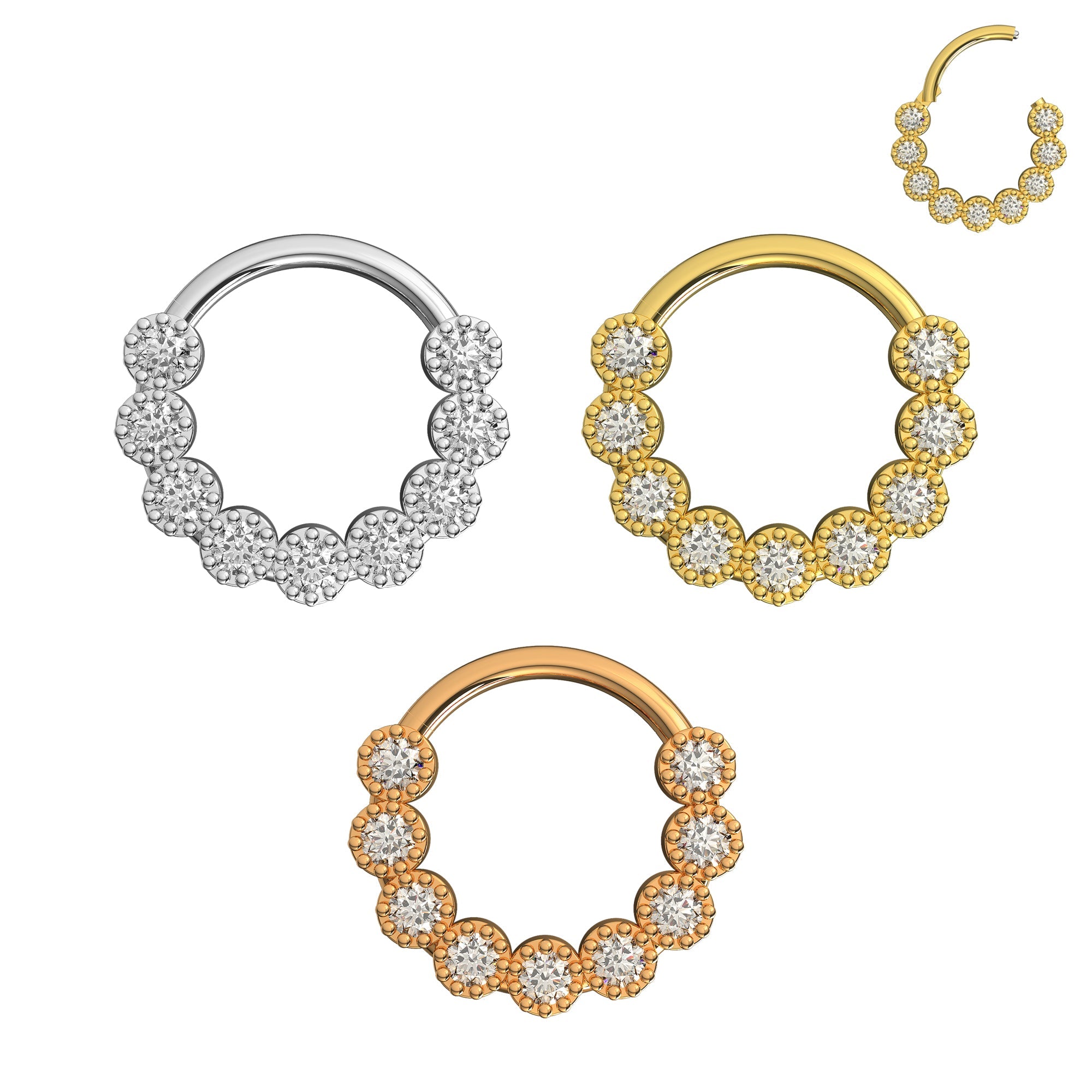316L Surgical Steel Cubic Zirconia Studded Scallop Hinged Segment Clicker - Monster Piercing