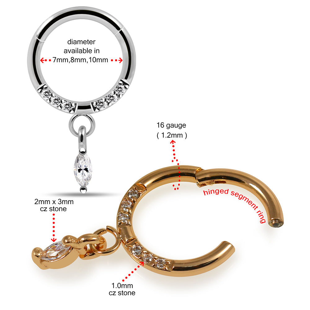 316L Surgical Steel CZ Jewelled Dangling Marquise Hinged Segment Clicker - Monster Piercing