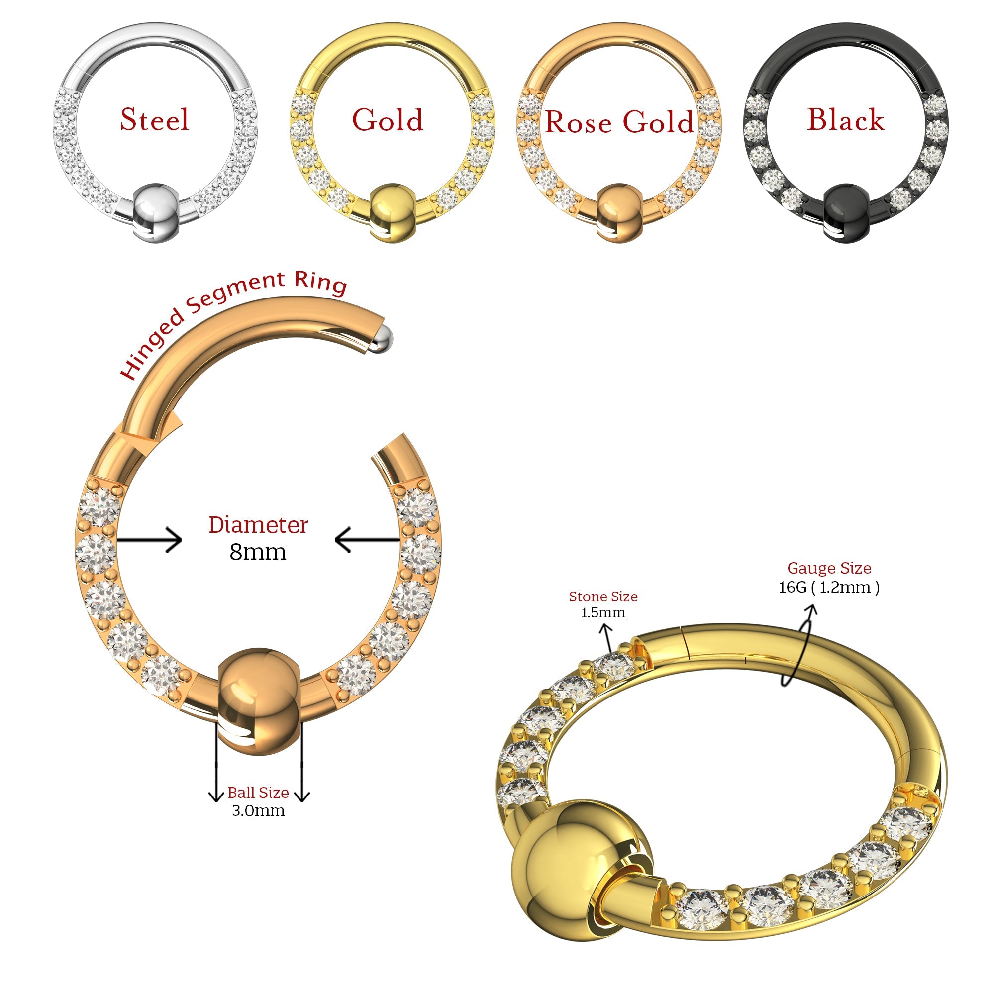316L Surgical Steel Multi CZ Jewelled BCR Style Segment Clicker Ring - Monster Piercing