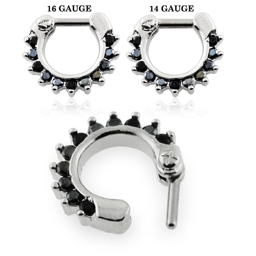 316L Surgical Steel Single Line Pronged Black CZs Septum Clicker - Monster Piercing