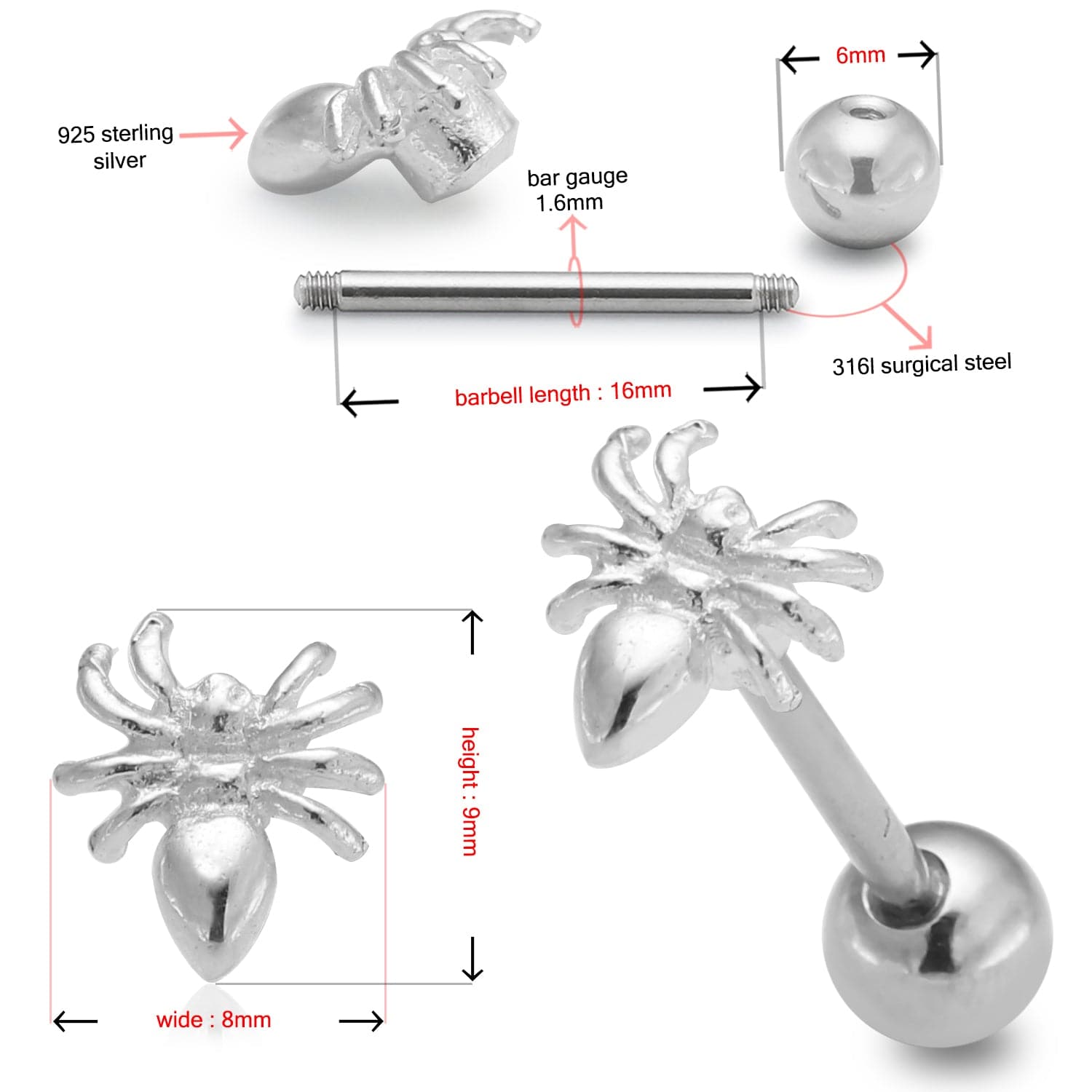 925 Sterling Silver Spider Tongue Ring - Monster Piercing