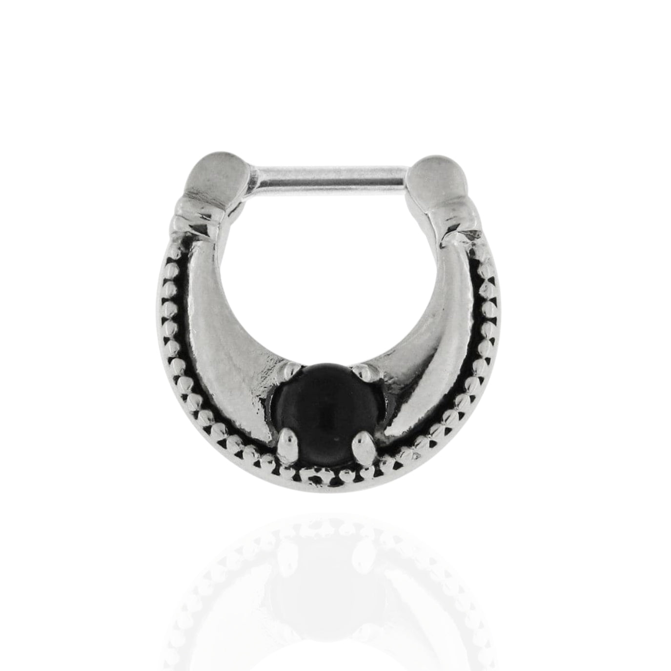 Plain Dotted with Black Stone Jewelled Septum Clicker Ring - Monster Piercing