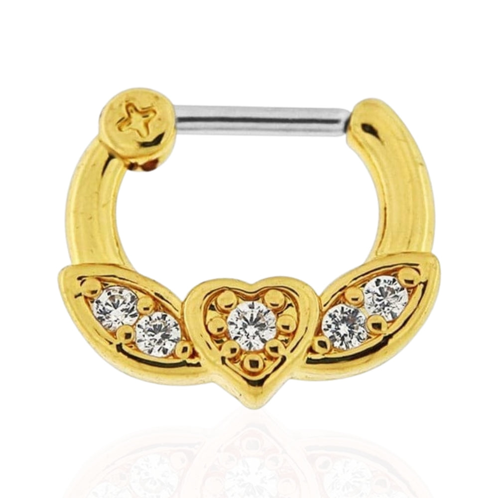 Gold PVD Micro Paved CZ Flying Heart Septum Clicker Ring - Monster Piercing