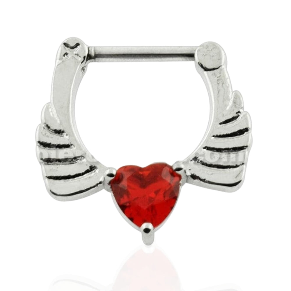 316L Surgical Steel Angel Wings with Red Heart CZ Septum Clicker - Monster Piercing