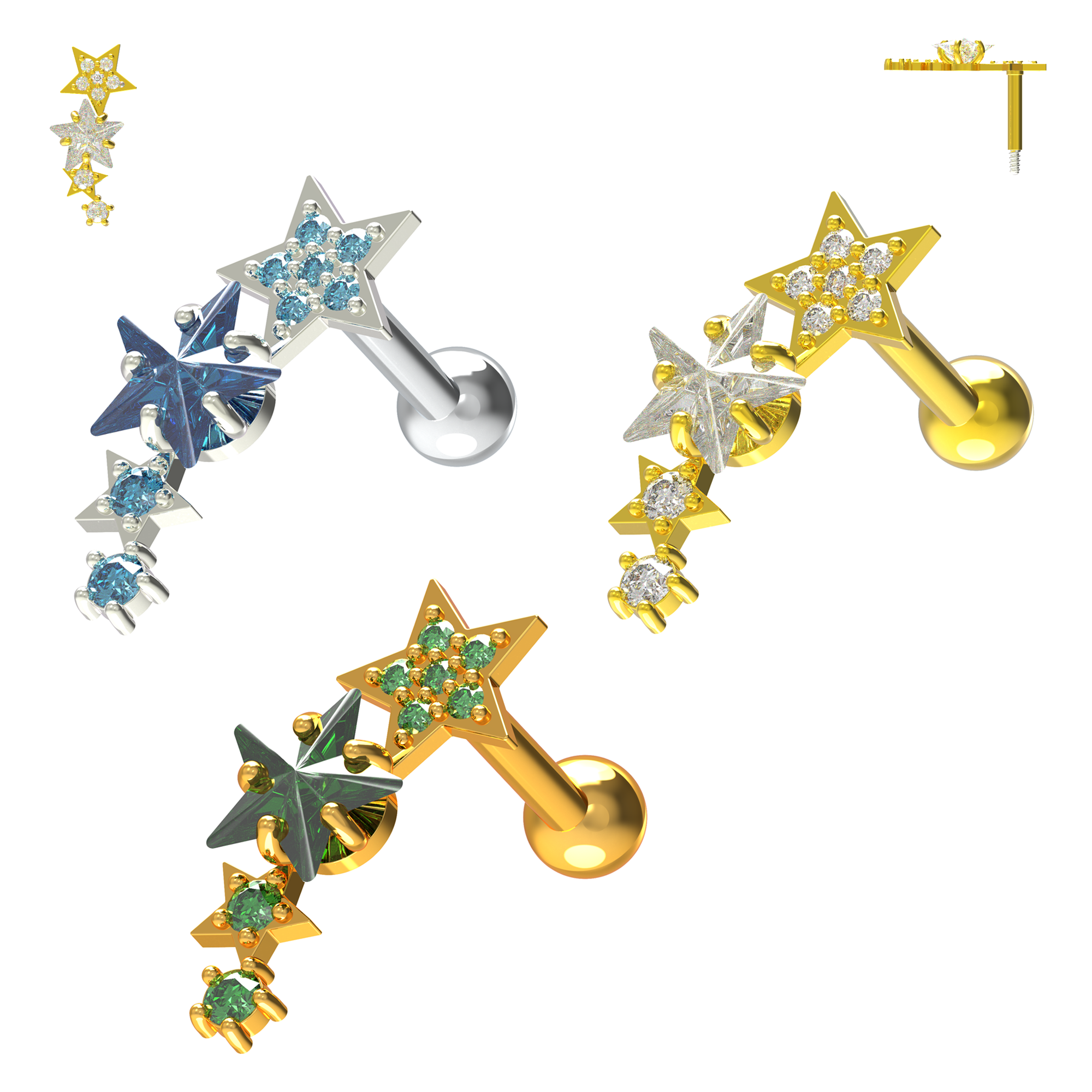925 Sterling Silver Sparkling Stars Cartilage Stud - Monster Piercing