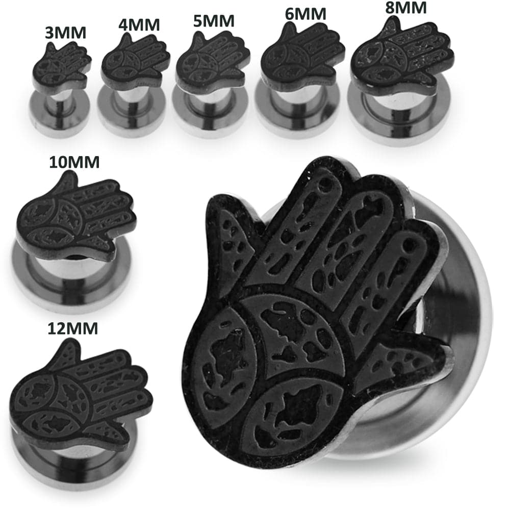 316L Surgical Steel Black Hamsa Hand Internally Threaded Tunnel - Monster Piercing