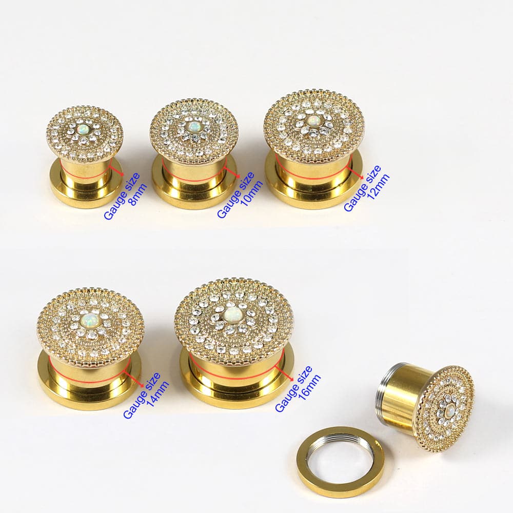 316L Surgical Steel with Gold PVD CZ and Opal Studded Ear Flesh Tunnel - Monster Piercing