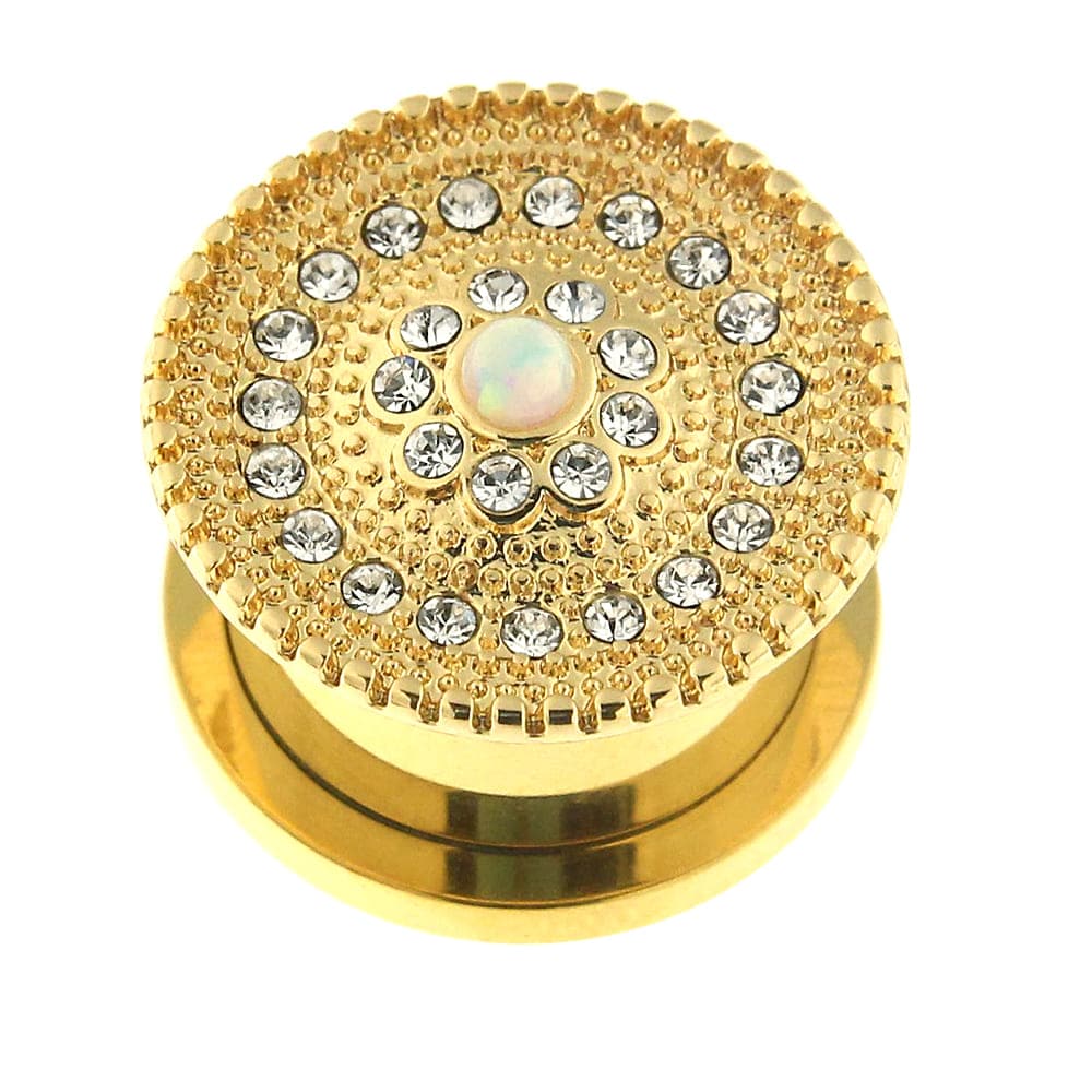 316L Surgical Steel with Gold PVD CZ and Opal Studded Ear Flesh Tunnel - Monster Piercing