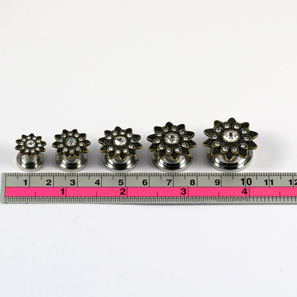 Oxidized Flower Micro Jeweled CZ Stone Ear Flesh Tunnel - Monster Piercing