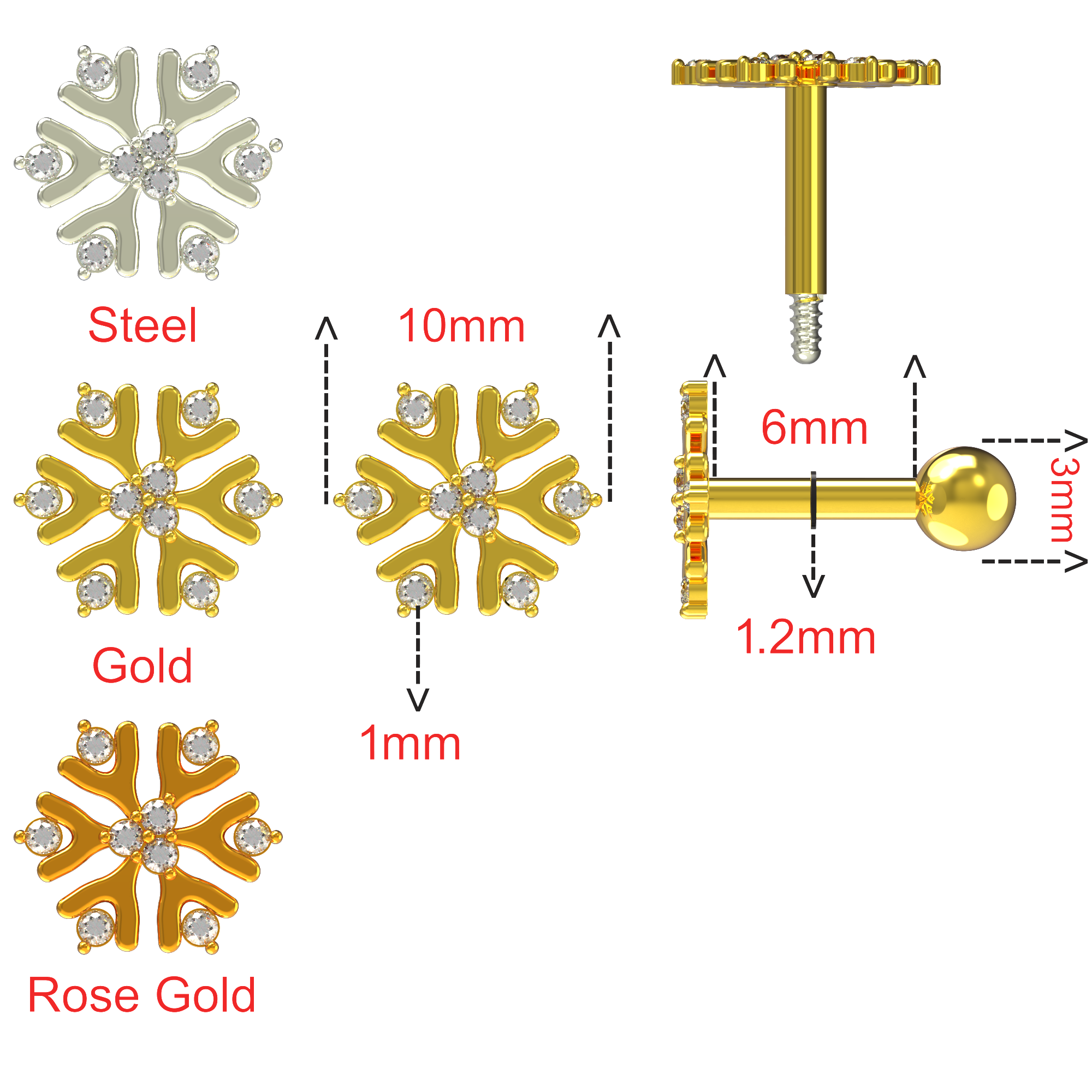 925 Sterling Silver Snowflake Cartilage Ear Stud - Monster Piercing