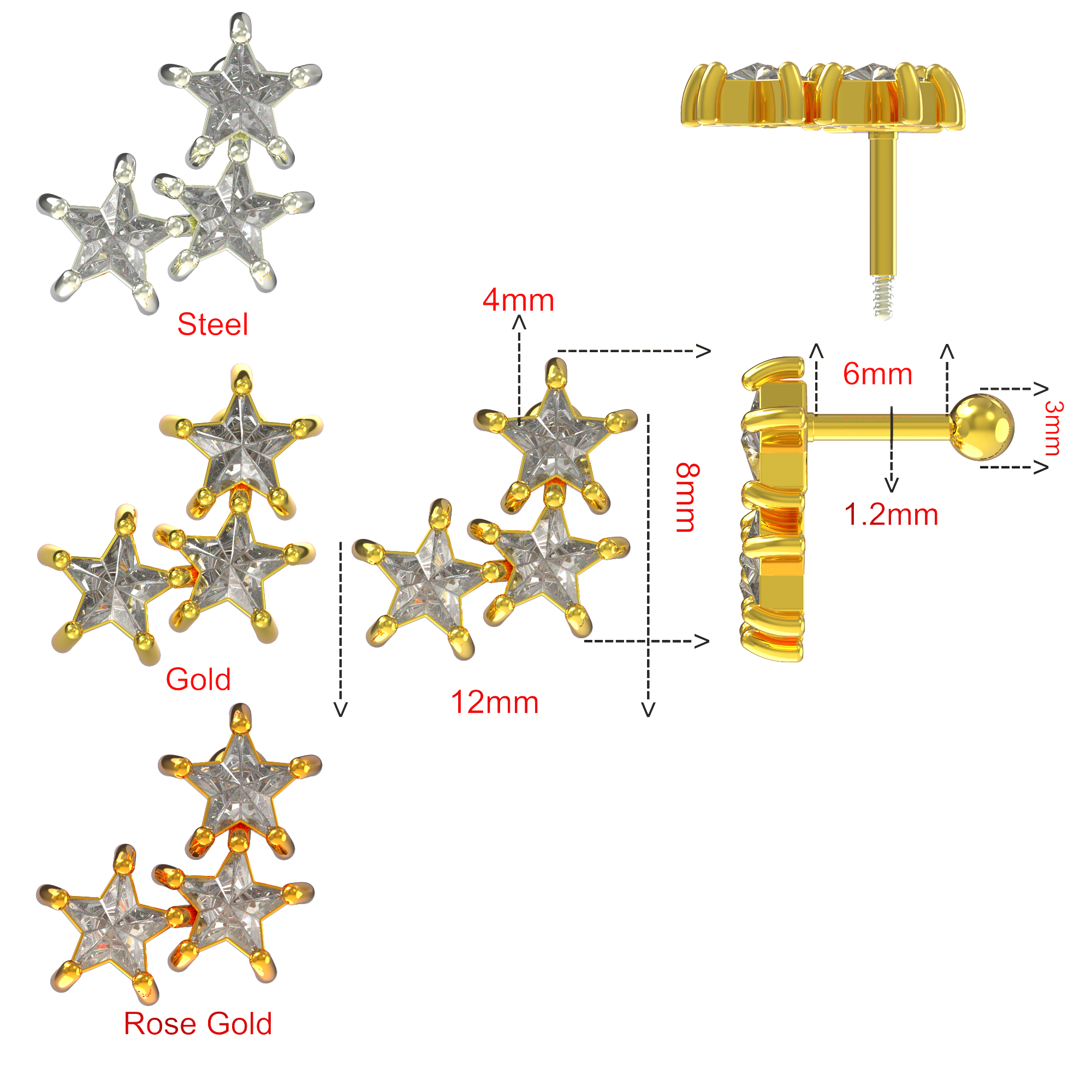 925 Sterling Silver Tri-Star Cartilage Ear Stud - Monster Piercing