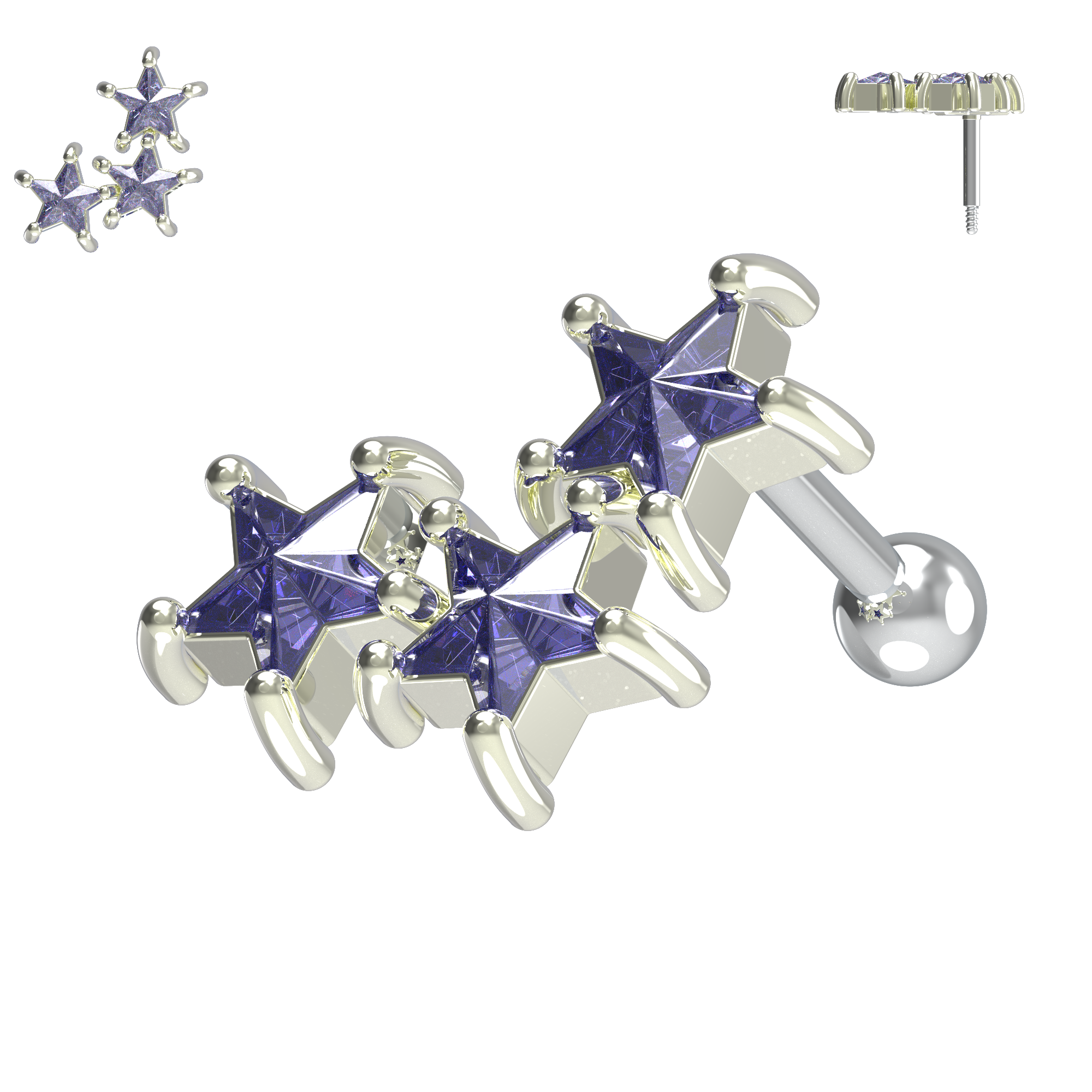 925 Sterling Silver Tri-Star Cartilage Ear Stud - Monster Piercing