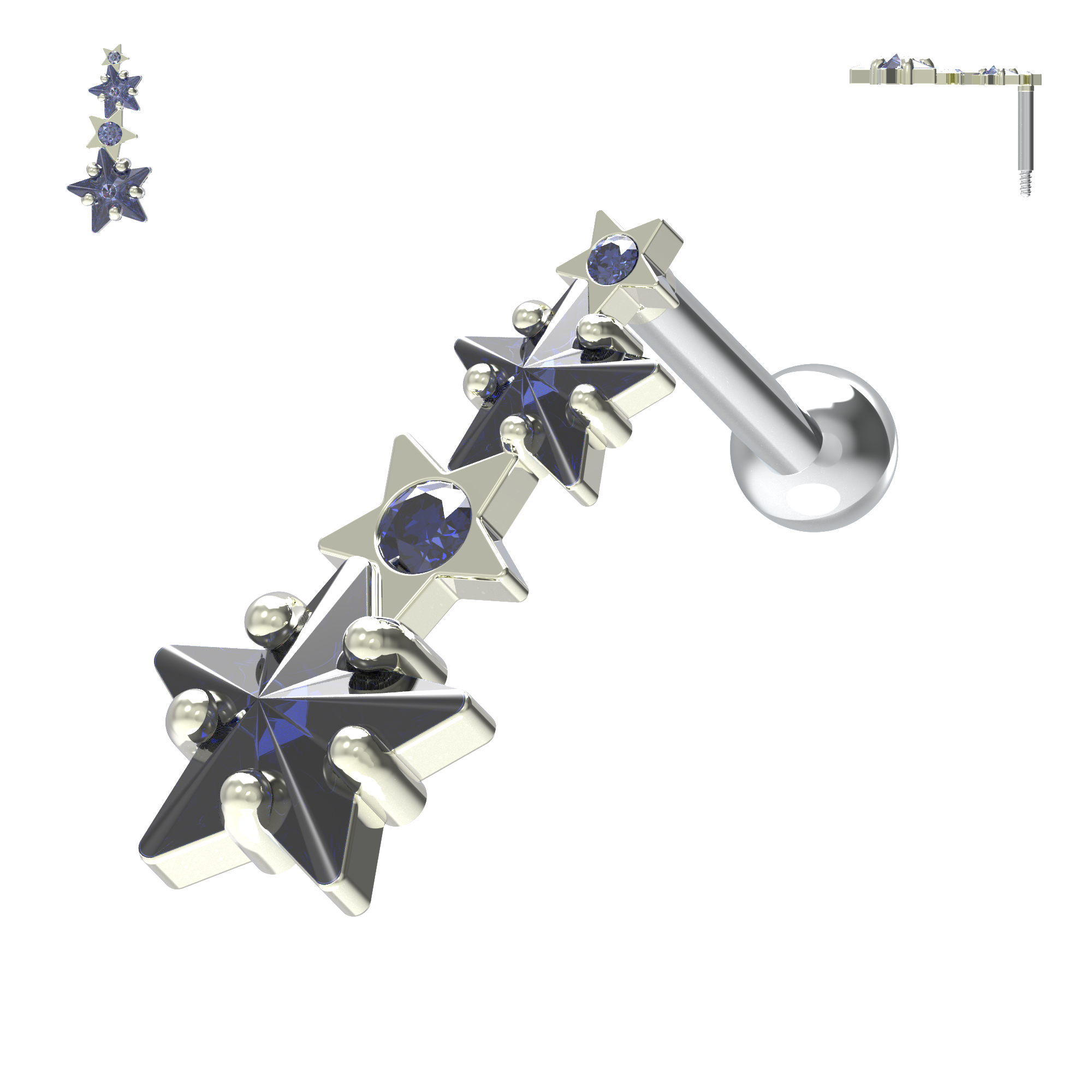 925 Sterling Silver Multiple Shooting Star Cartilage Ear Stud - Monster Piercing