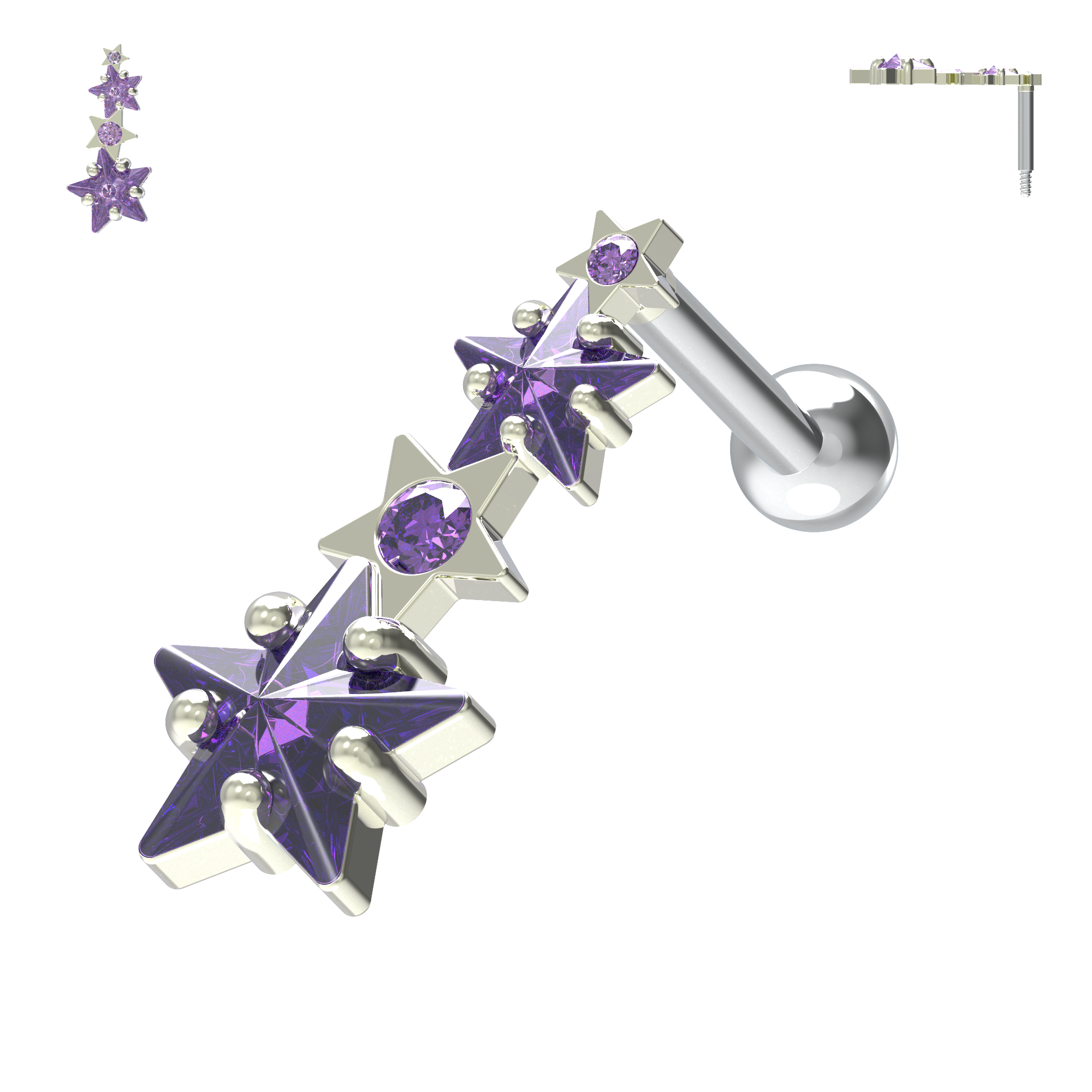 925 Sterling Silver Multiple Shooting Star Cartilage Ear Stud - Monster Piercing