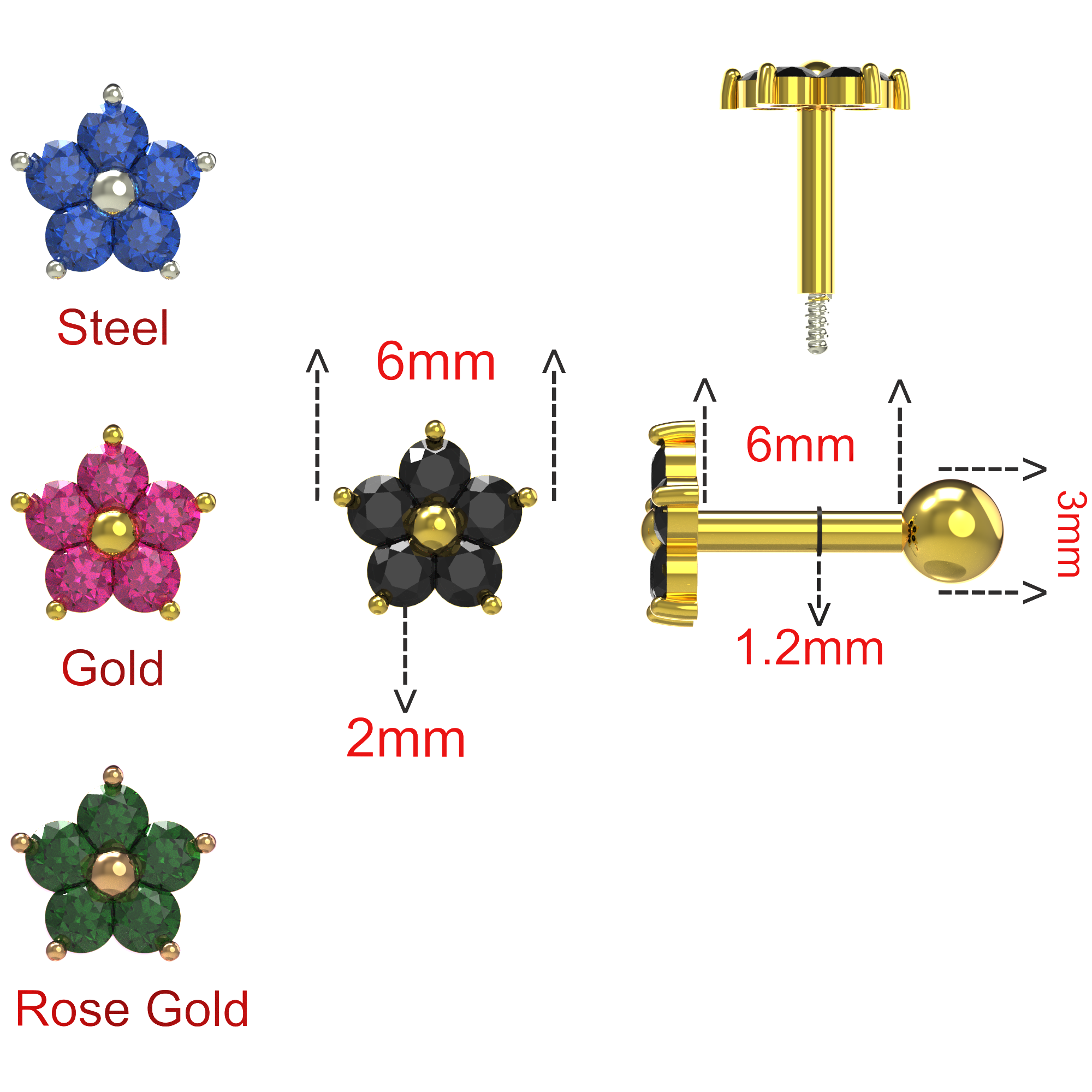 925 Sterling Silver Flower Gemstone Cartilage Ear Stud - Monster Piercing