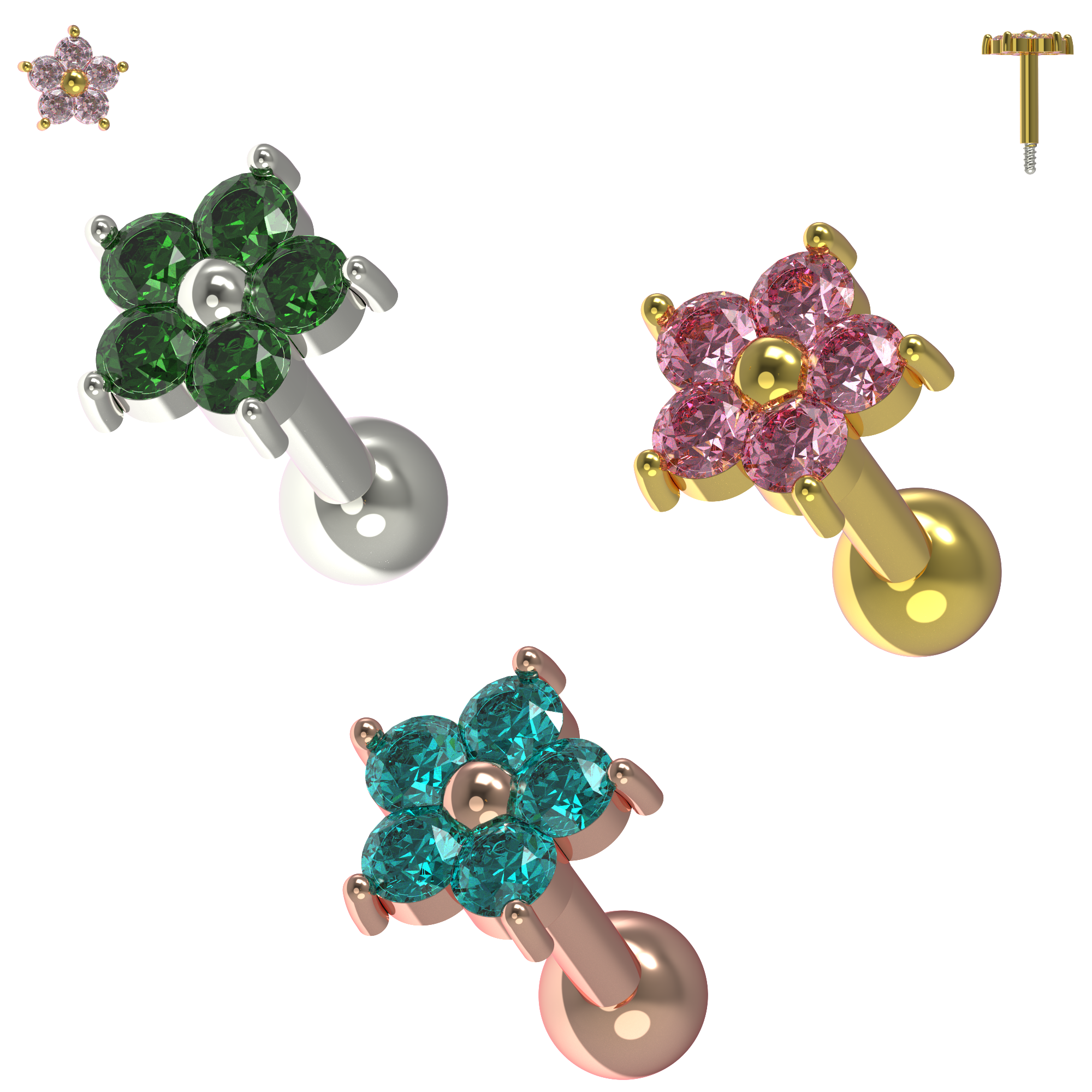 925 Sterling Silver Flower Gemstone Cartilage Ear Stud - Monster Piercing