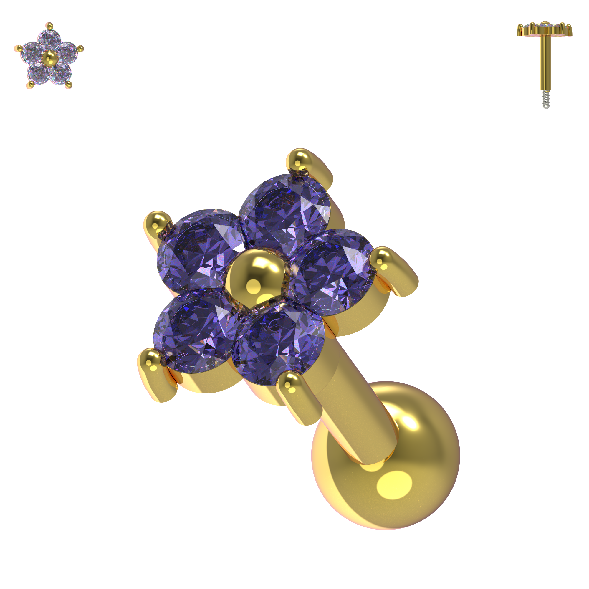 925 Sterling Silver Flower Gemstone Cartilage Ear Stud - Monster Piercing
