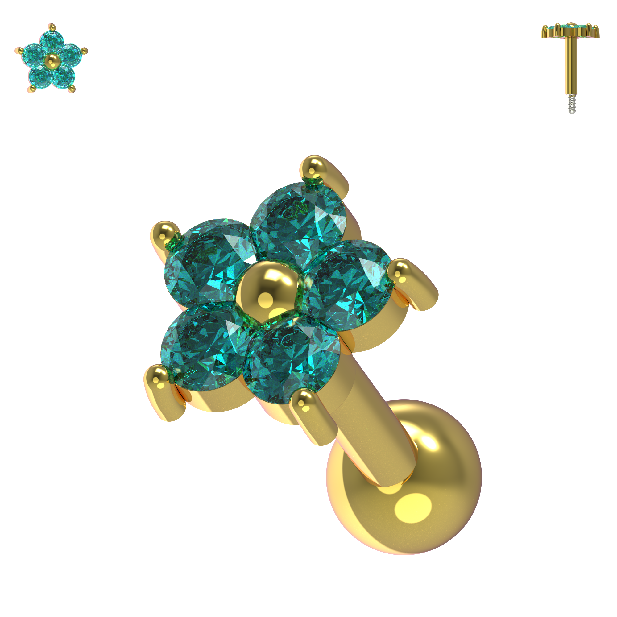 925 Sterling Silver Flower Gemstone Cartilage Ear Stud - Monster Piercing