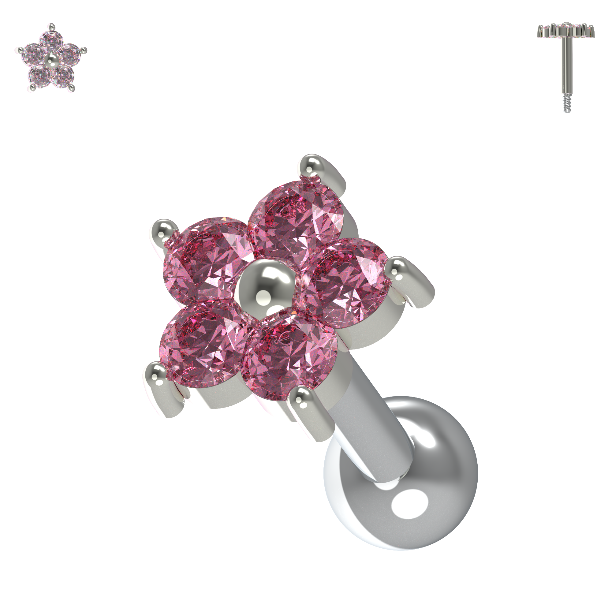 925 Sterling Silver Flower Gemstone Cartilage Ear Stud - Monster Piercing