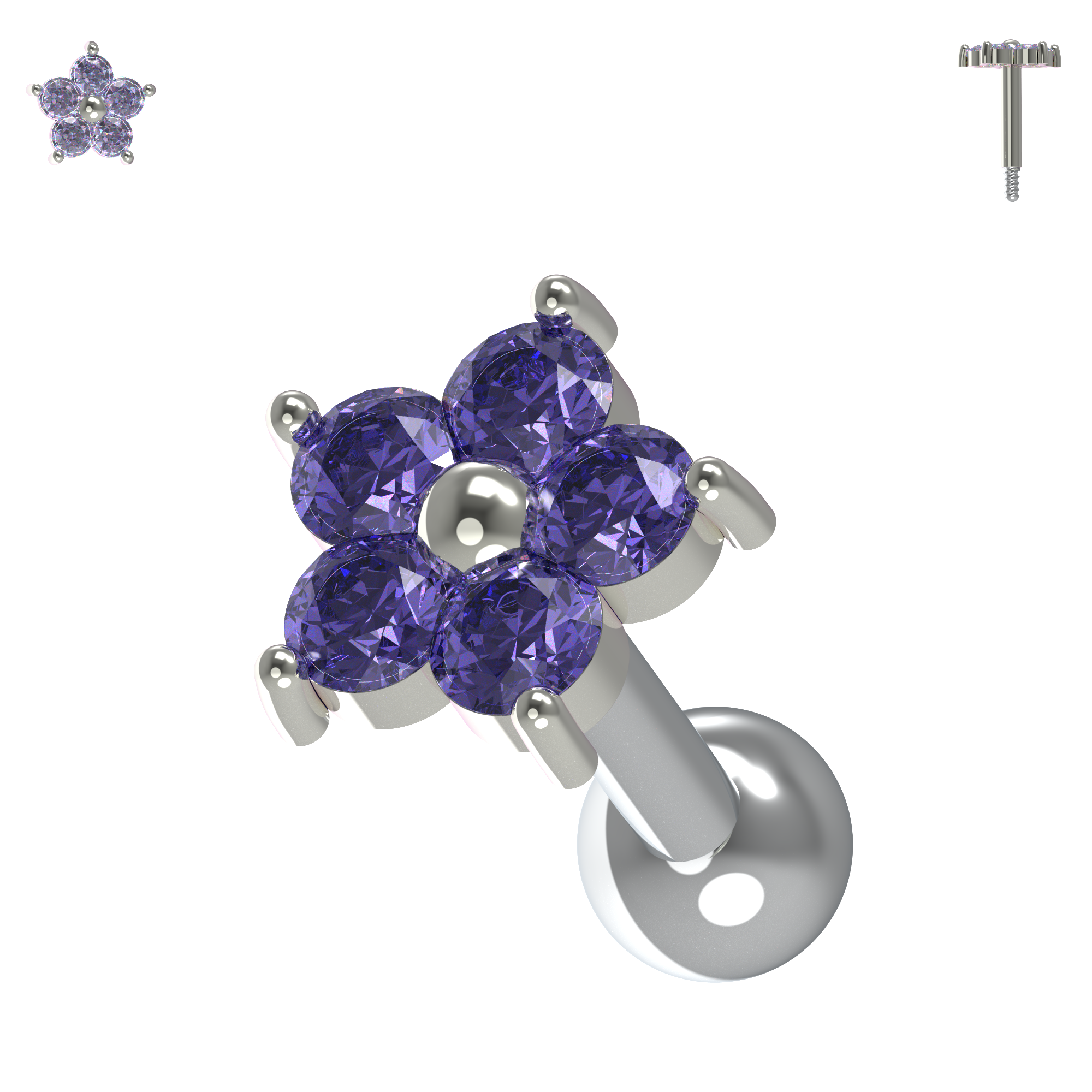 925 Sterling Silver Flower Gemstone Cartilage Ear Stud - Monster Piercing