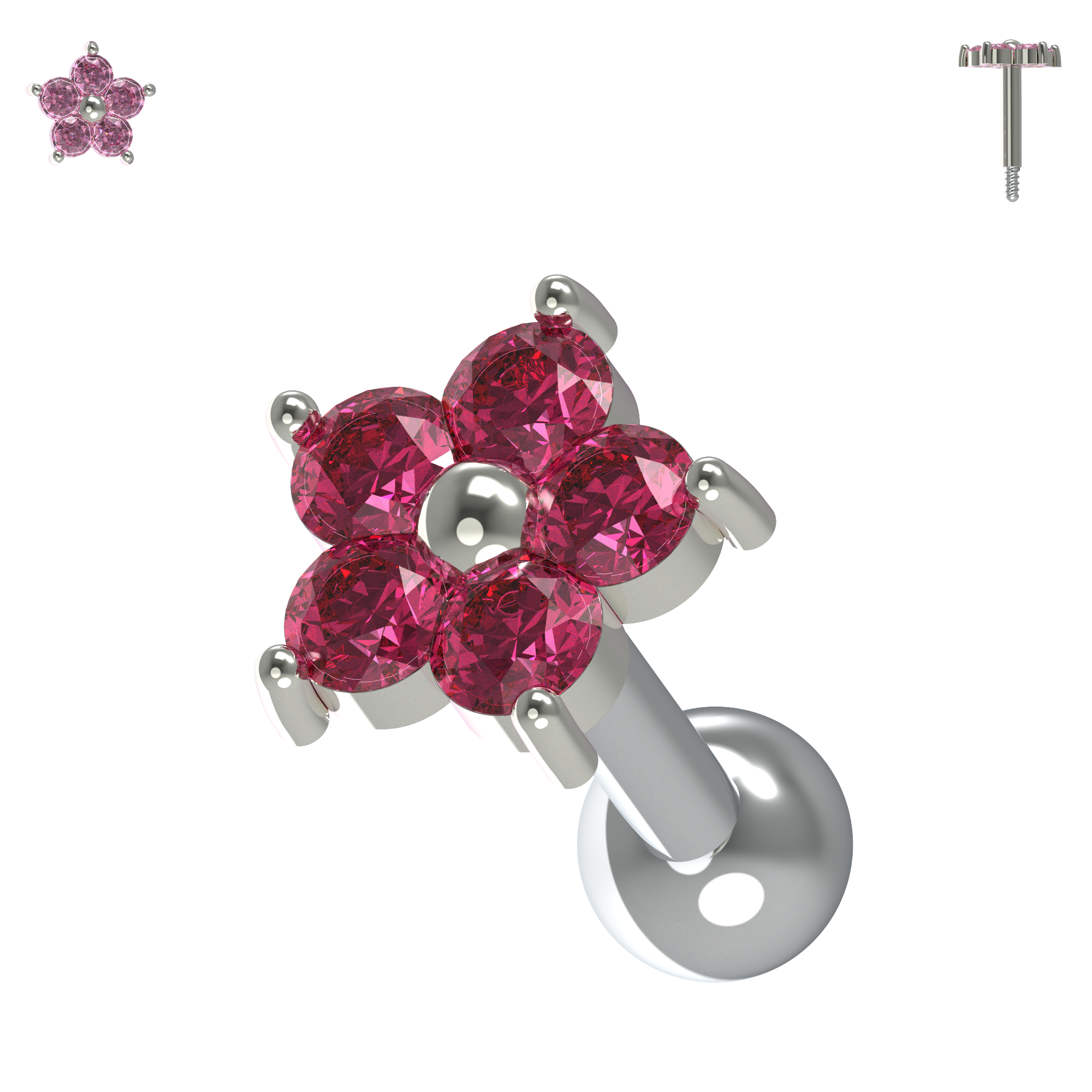 925 Sterling Silver Flower Gemstone Cartilage Ear Stud - Monster Piercing