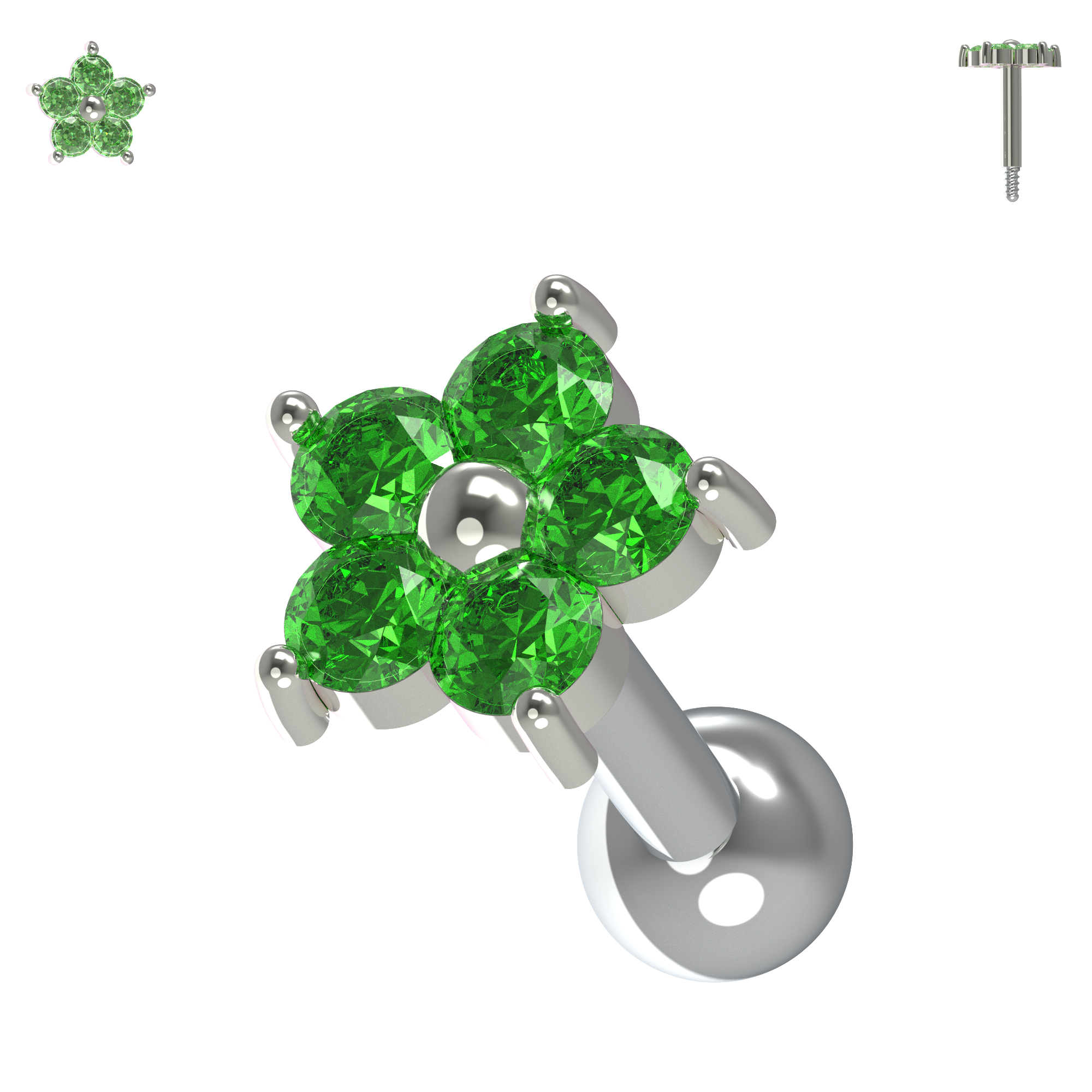 925 Sterling Silver Flower Gemstone Cartilage Ear Stud - Monster Piercing