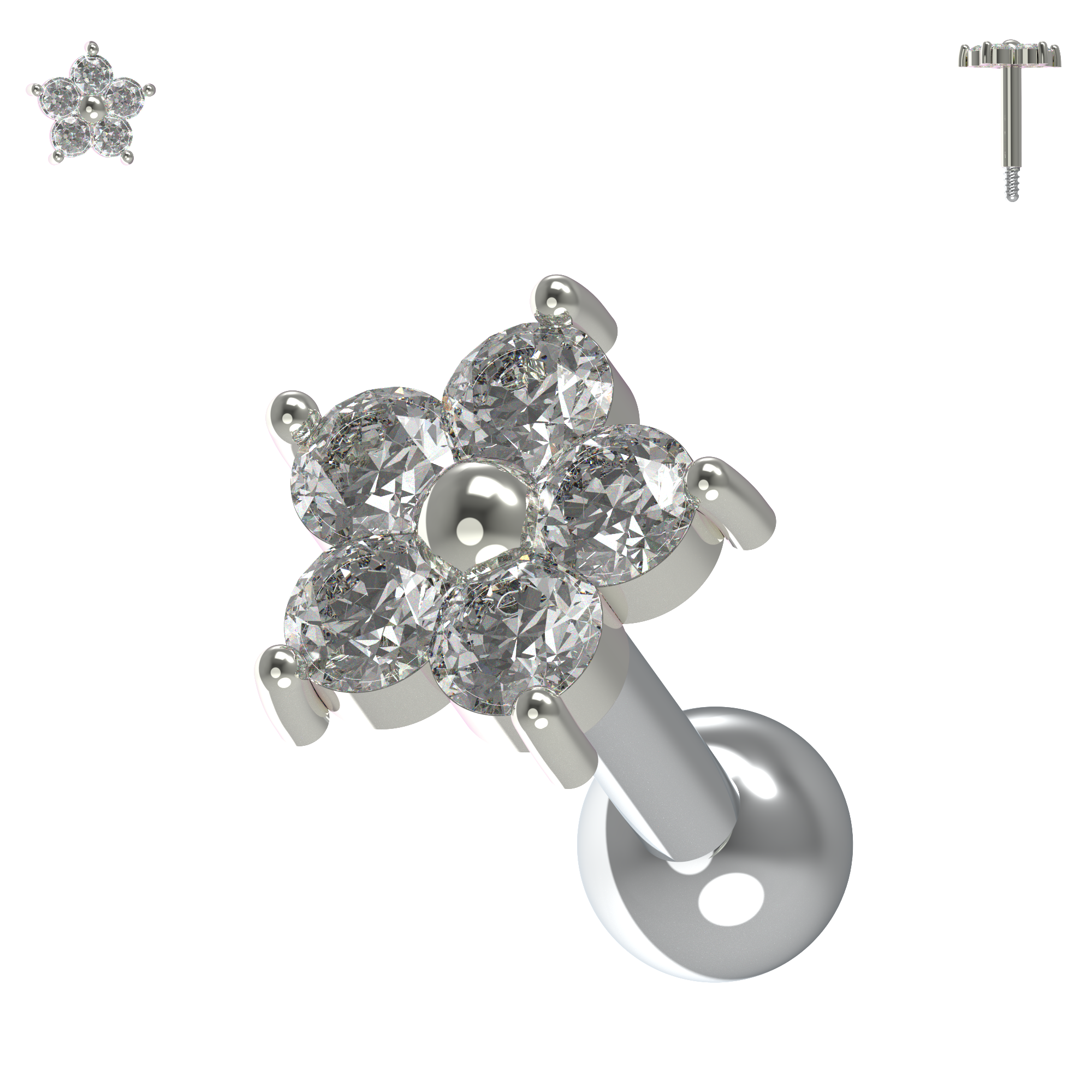 925 Sterling Silver Flower Gemstone Cartilage Ear Stud - Monster Piercing