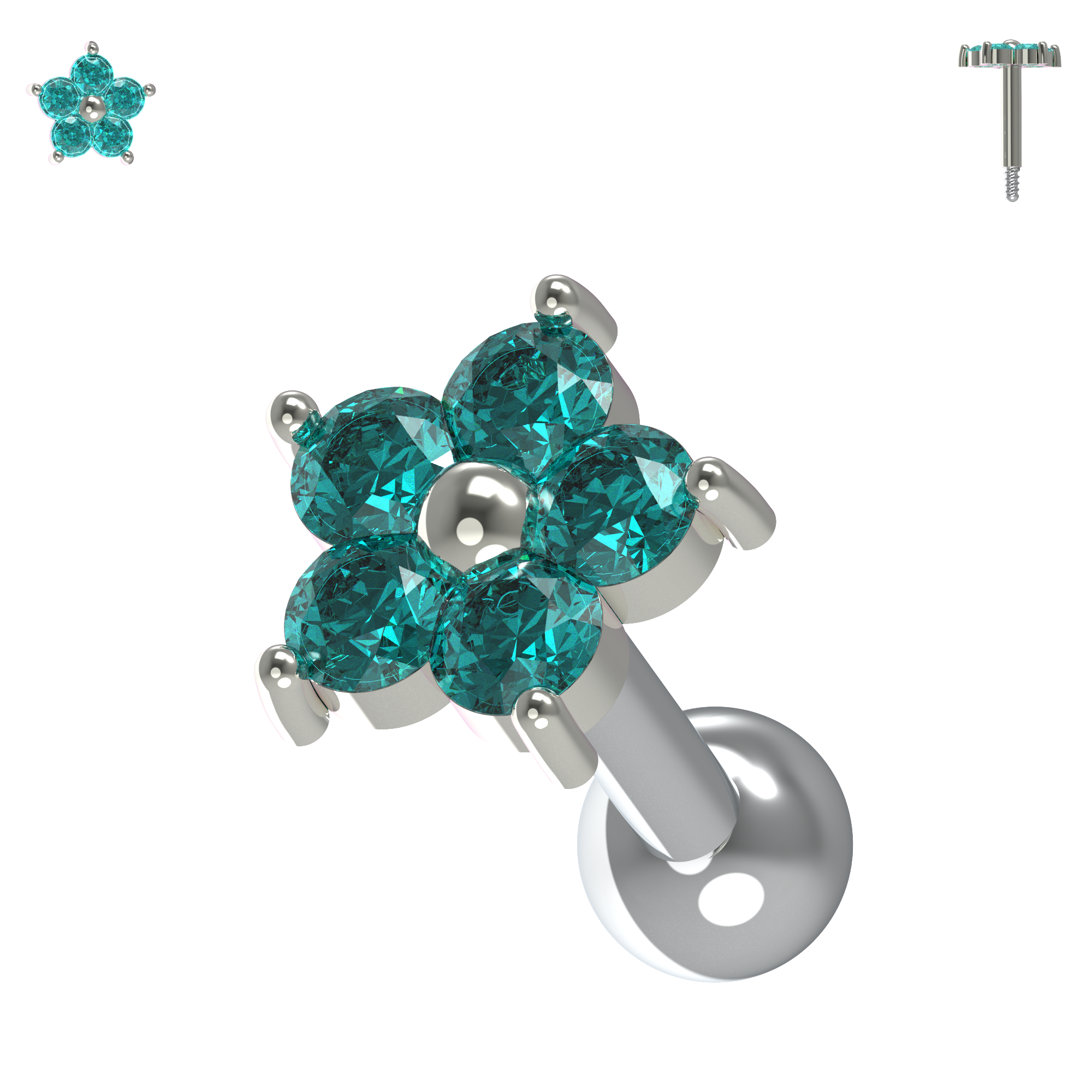 925 Sterling Silver Flower Gemstone Cartilage Ear Stud - Monster Piercing