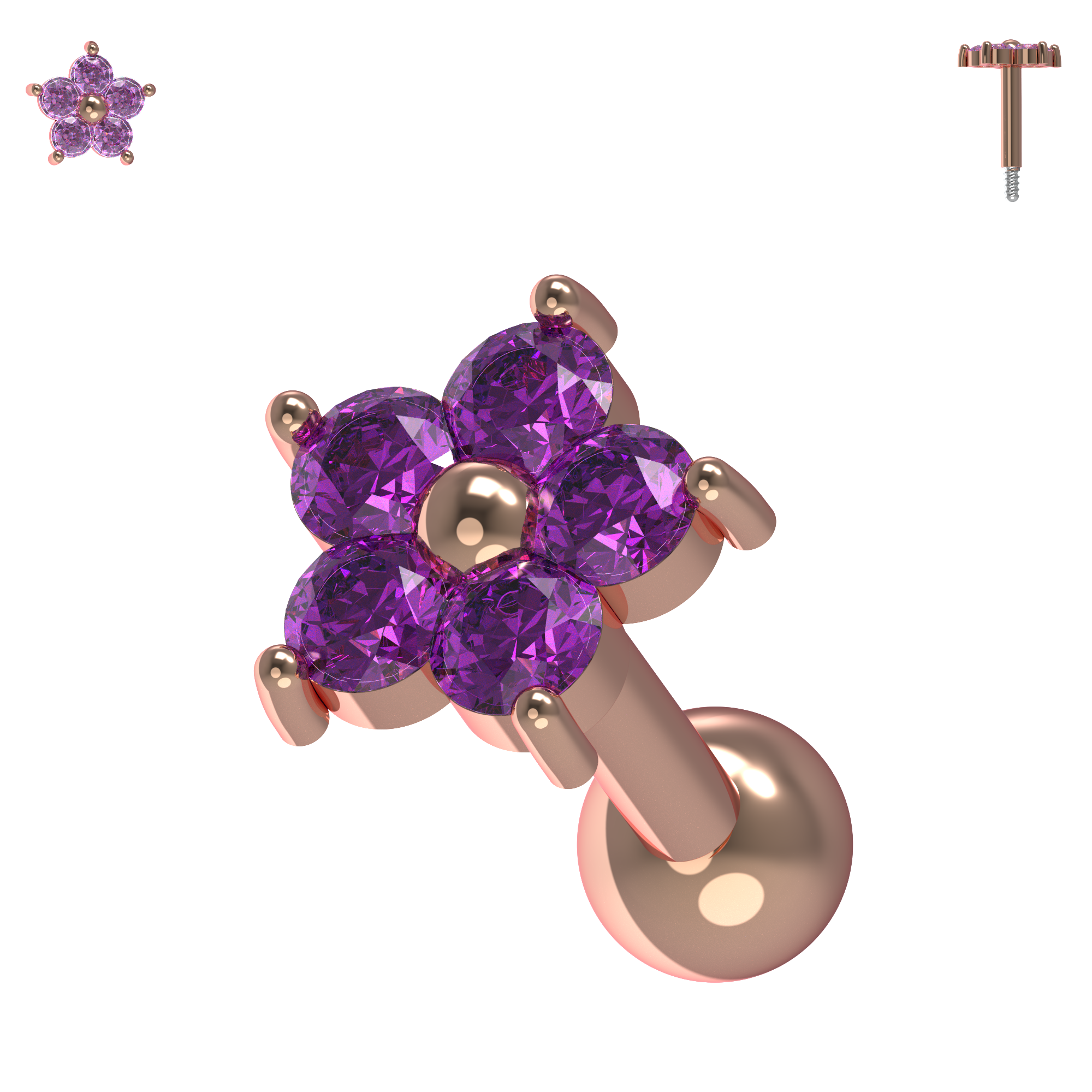 925 Sterling Silver Flower Gemstone Cartilage Ear Stud - Monster Piercing