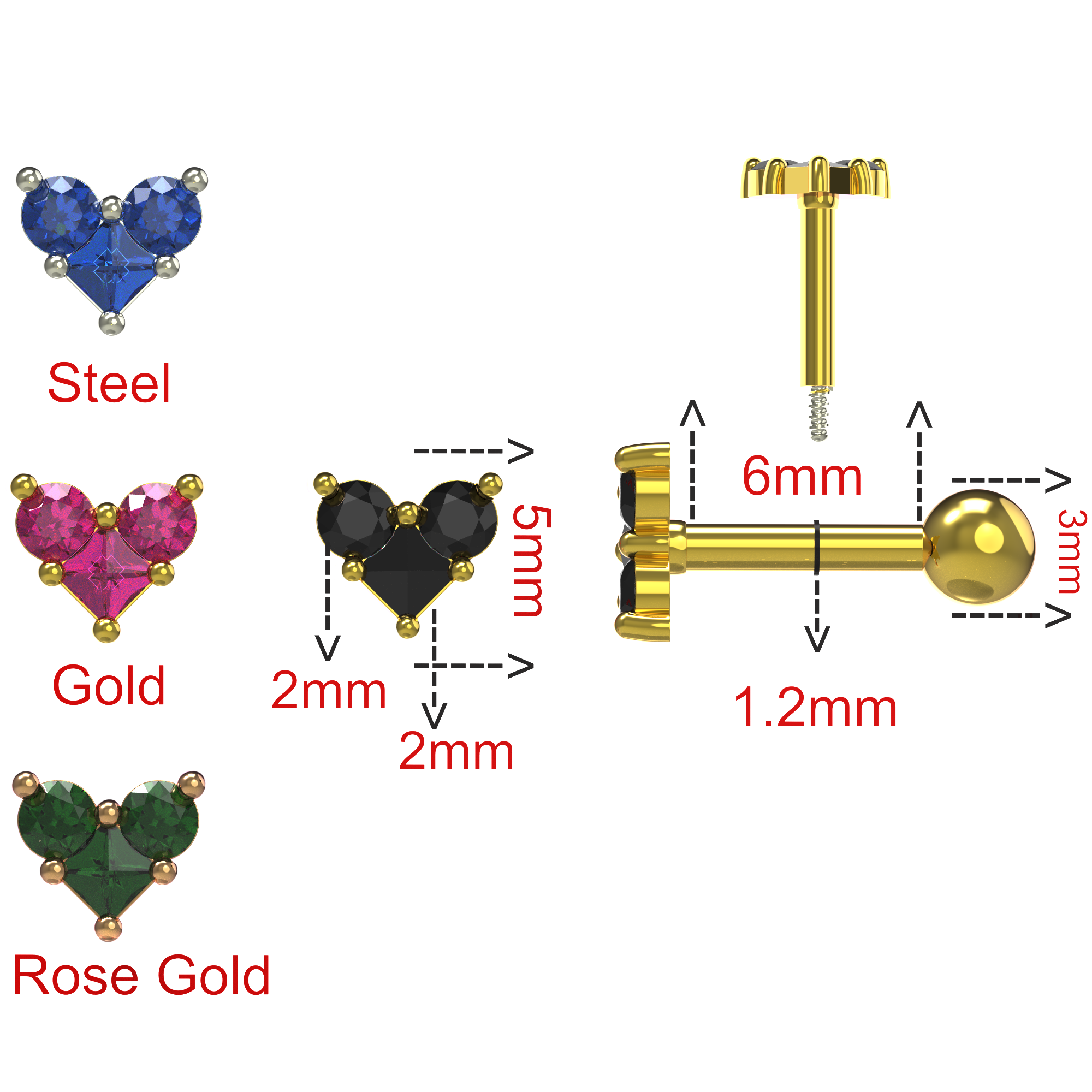 925 Sterling Silver Trinity Heart Jewelled Cartilage Ear Stud - Monster Piercing