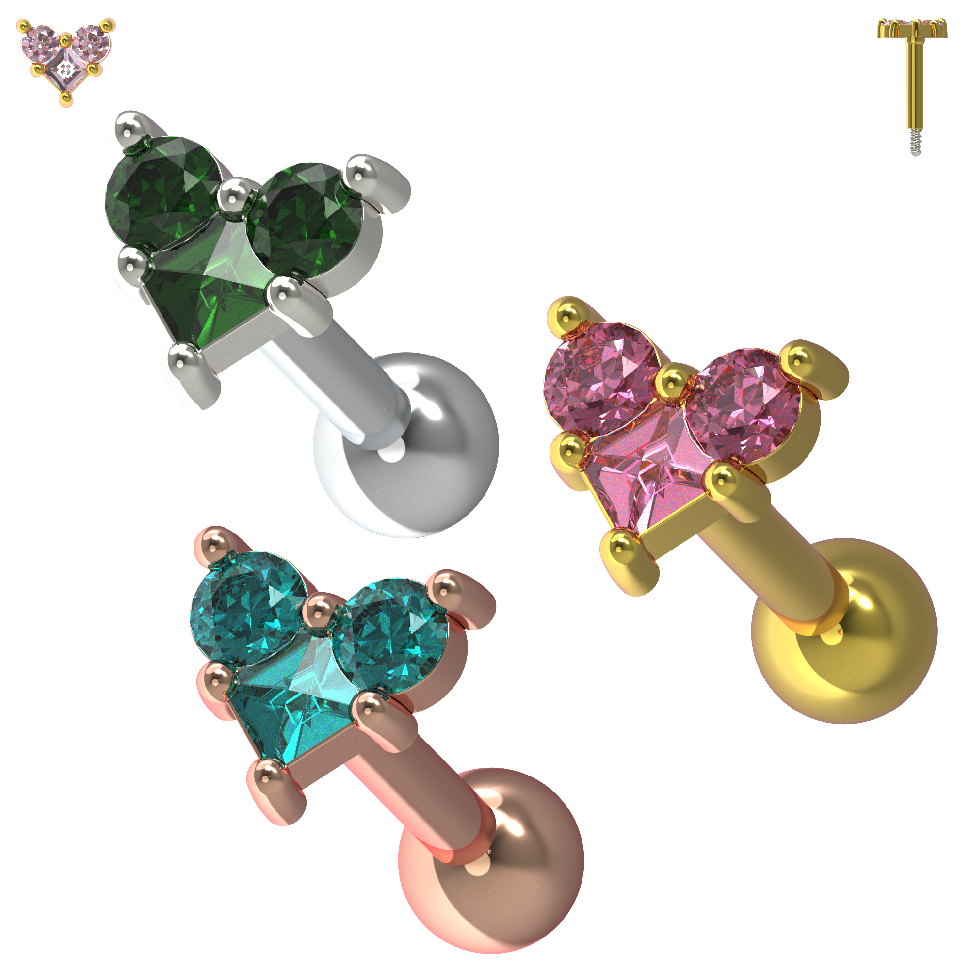 925 Sterling Silver Trinity Heart Jewelled Cartilage Ear Stud - Monster Piercing