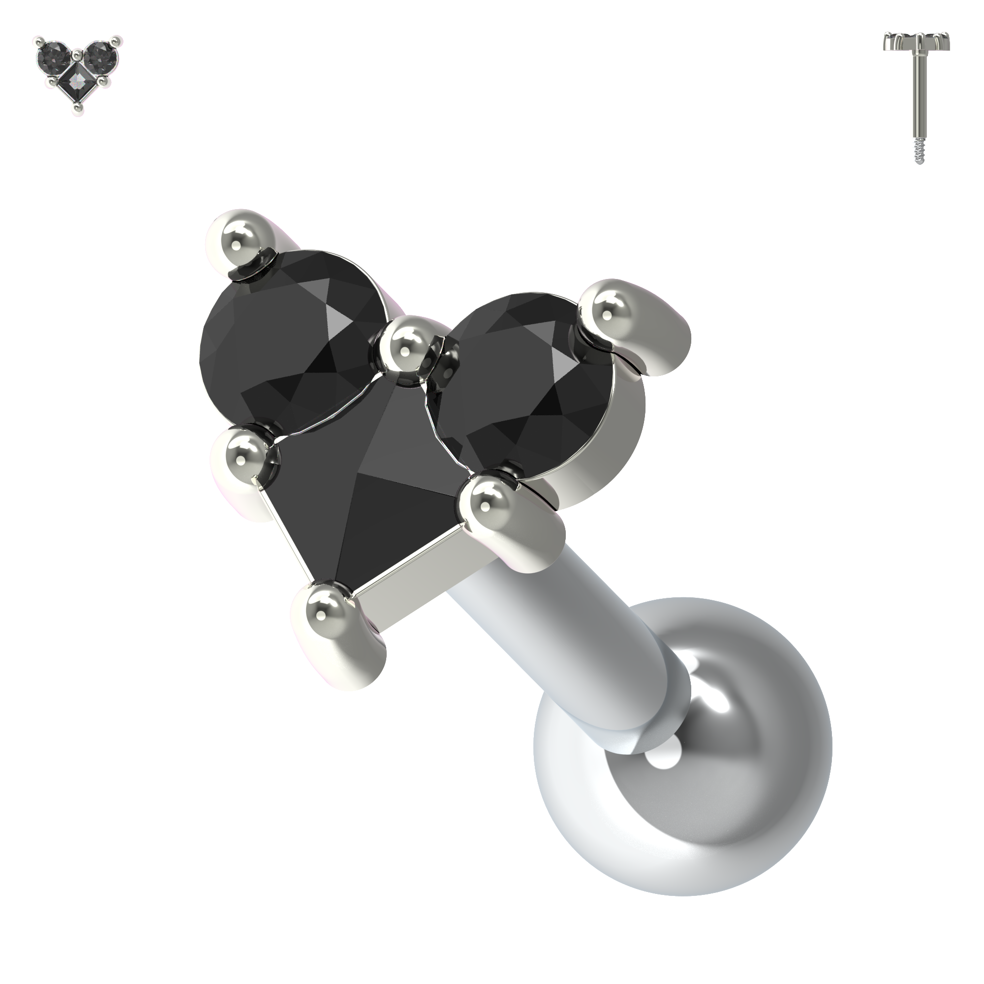 925 Sterling Silver Trinity Heart Jewelled Cartilage Ear Stud - Monster Piercing