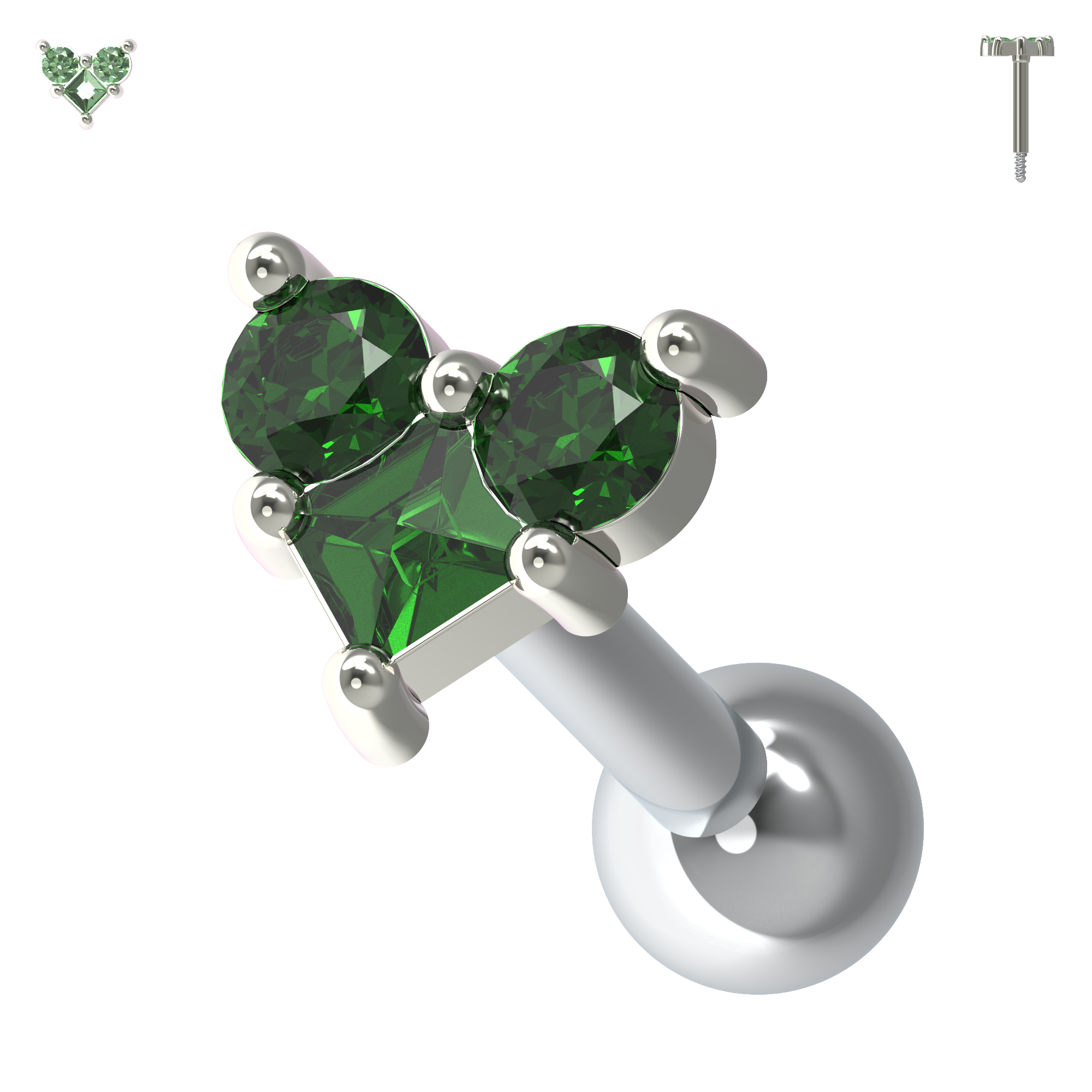 925 Sterling Silver Trinity Heart Jewelled Cartilage Ear Stud - Monster Piercing
