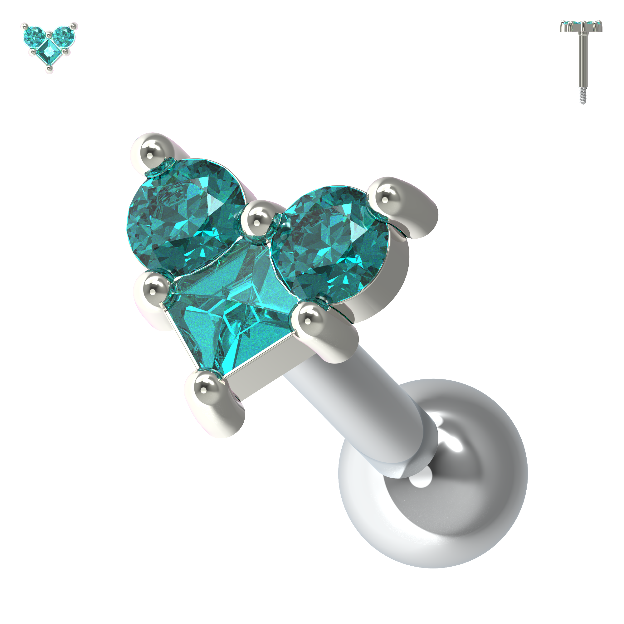925 Sterling Silver Trinity Heart Jewelled Cartilage Ear Stud - Monster Piercing
