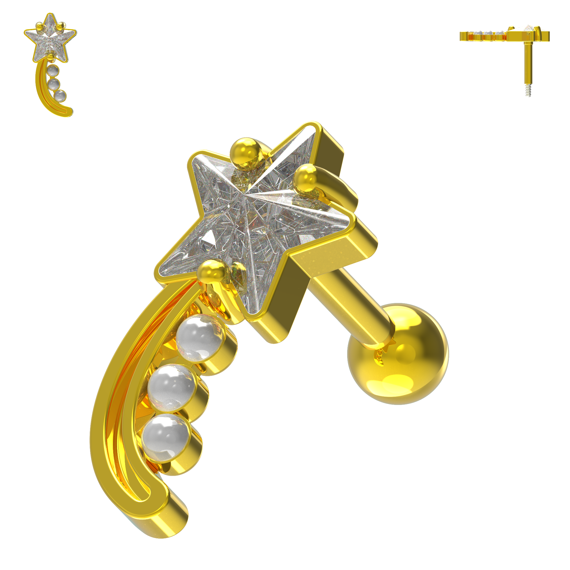 925 Sterling Silver Shooting Star & Pearl Cartilage Ear Stud - Monster Piercing