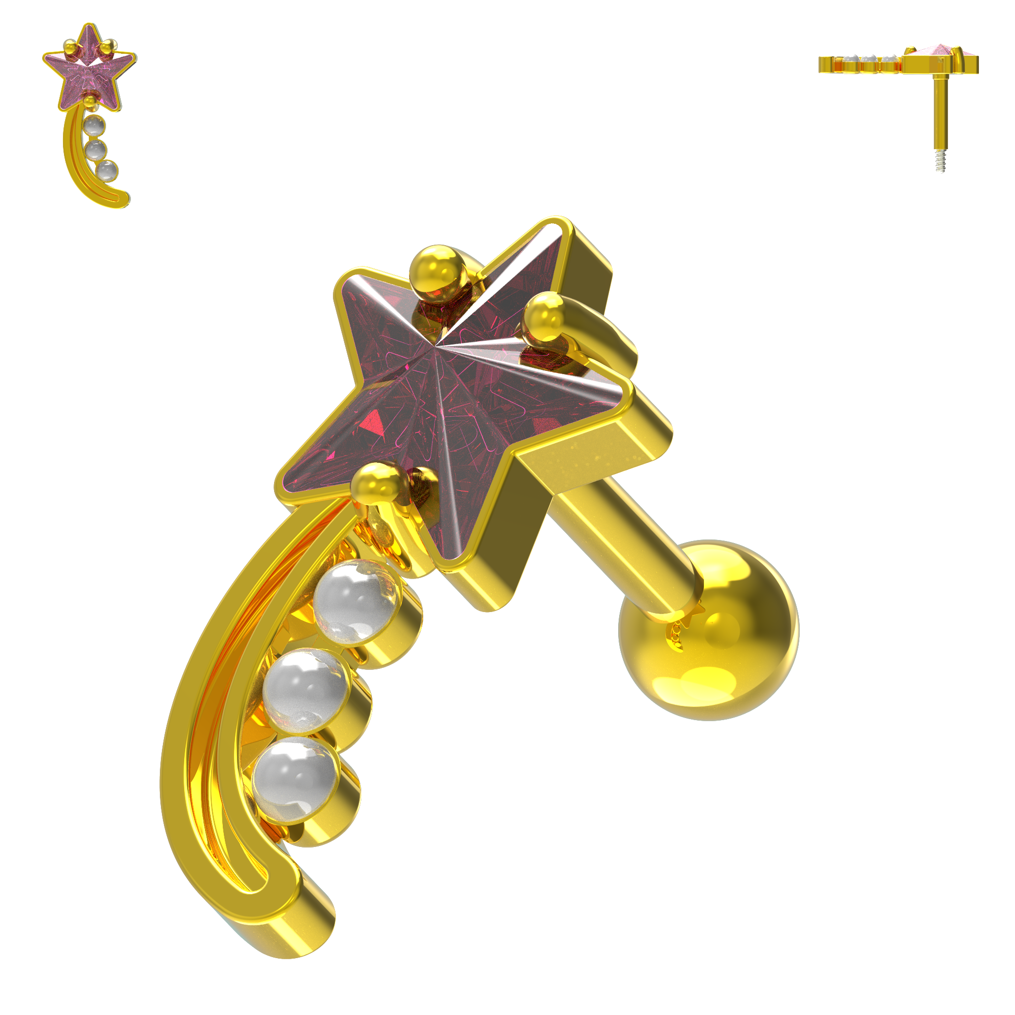 925 Sterling Silver Shooting Star & Pearl Cartilage Ear Stud - Monster Piercing