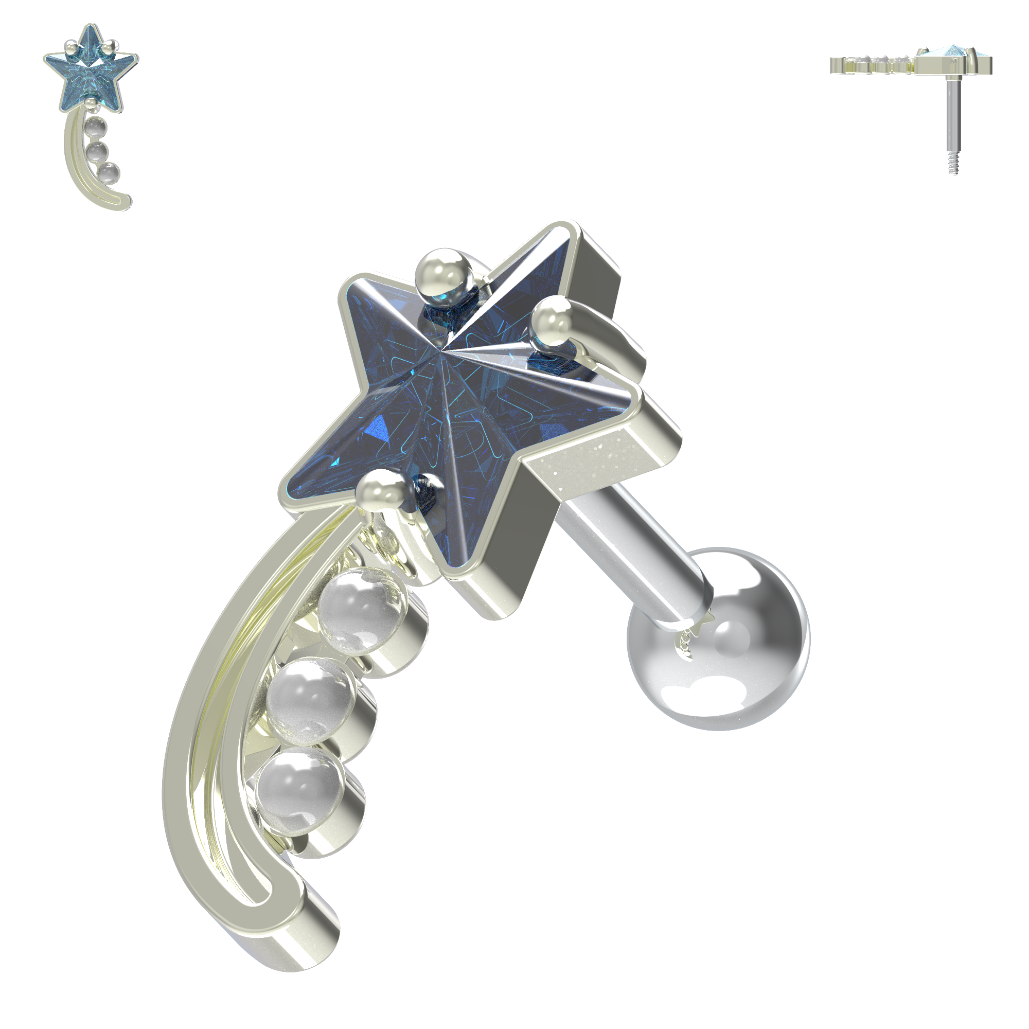925 Sterling Silver Shooting Star & Pearl Cartilage Ear Stud - Monster Piercing