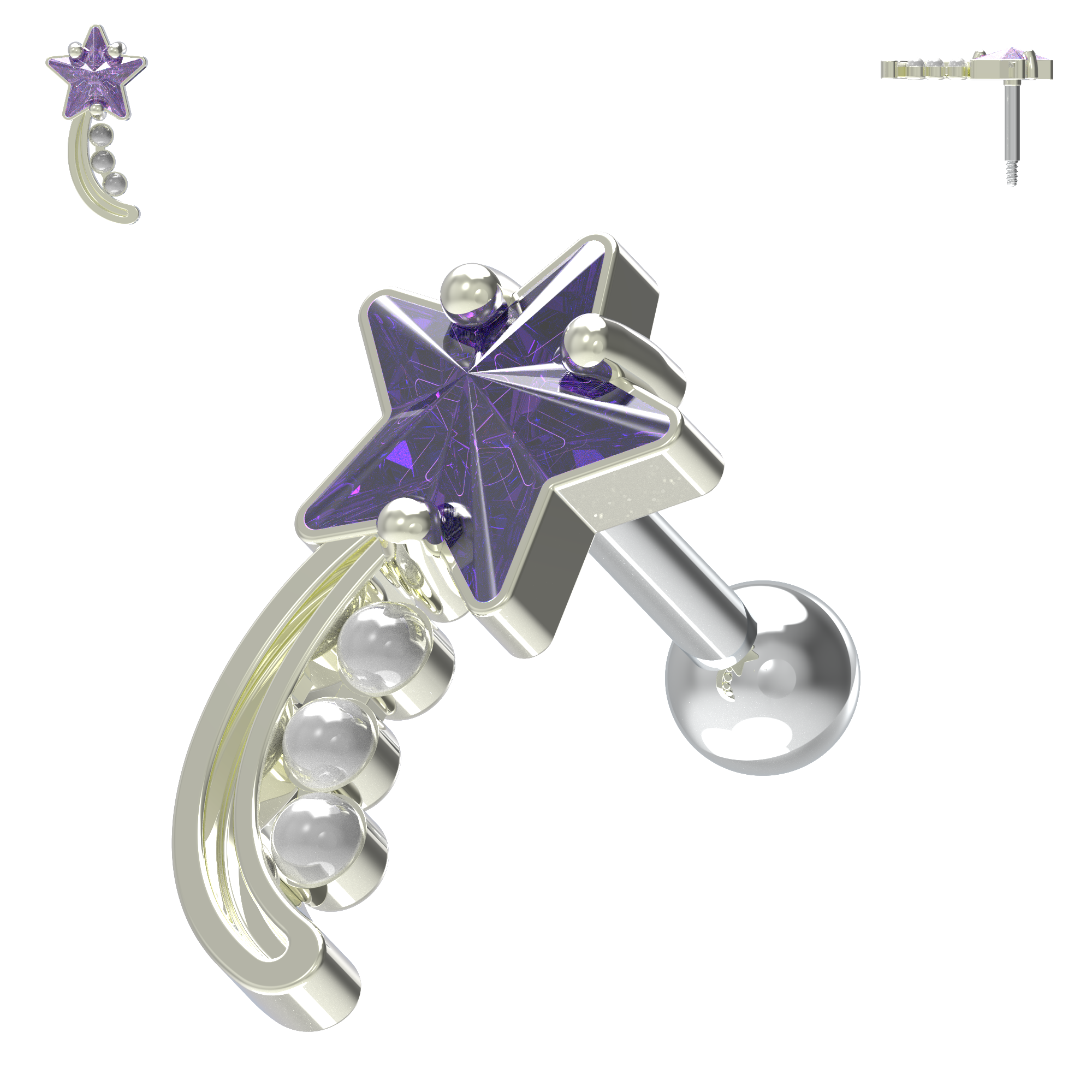 925 Sterling Silver Shooting Star & Pearl Cartilage Ear Stud - Monster Piercing