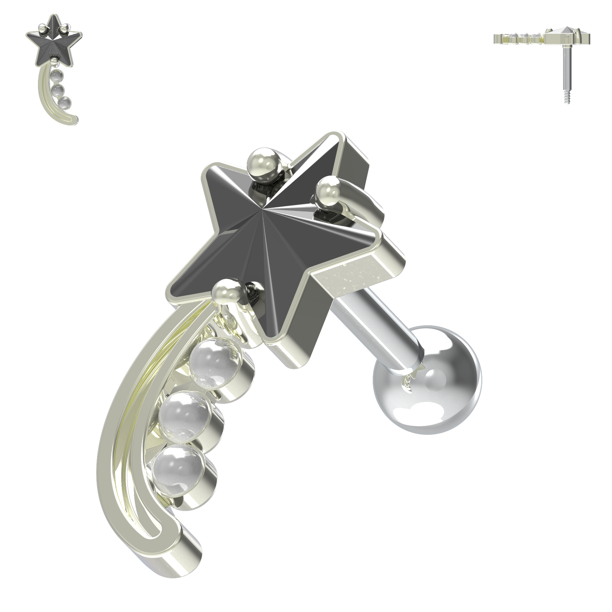 925 Sterling Silver Shooting Star & Pearl Cartilage Ear Stud - Monster Piercing