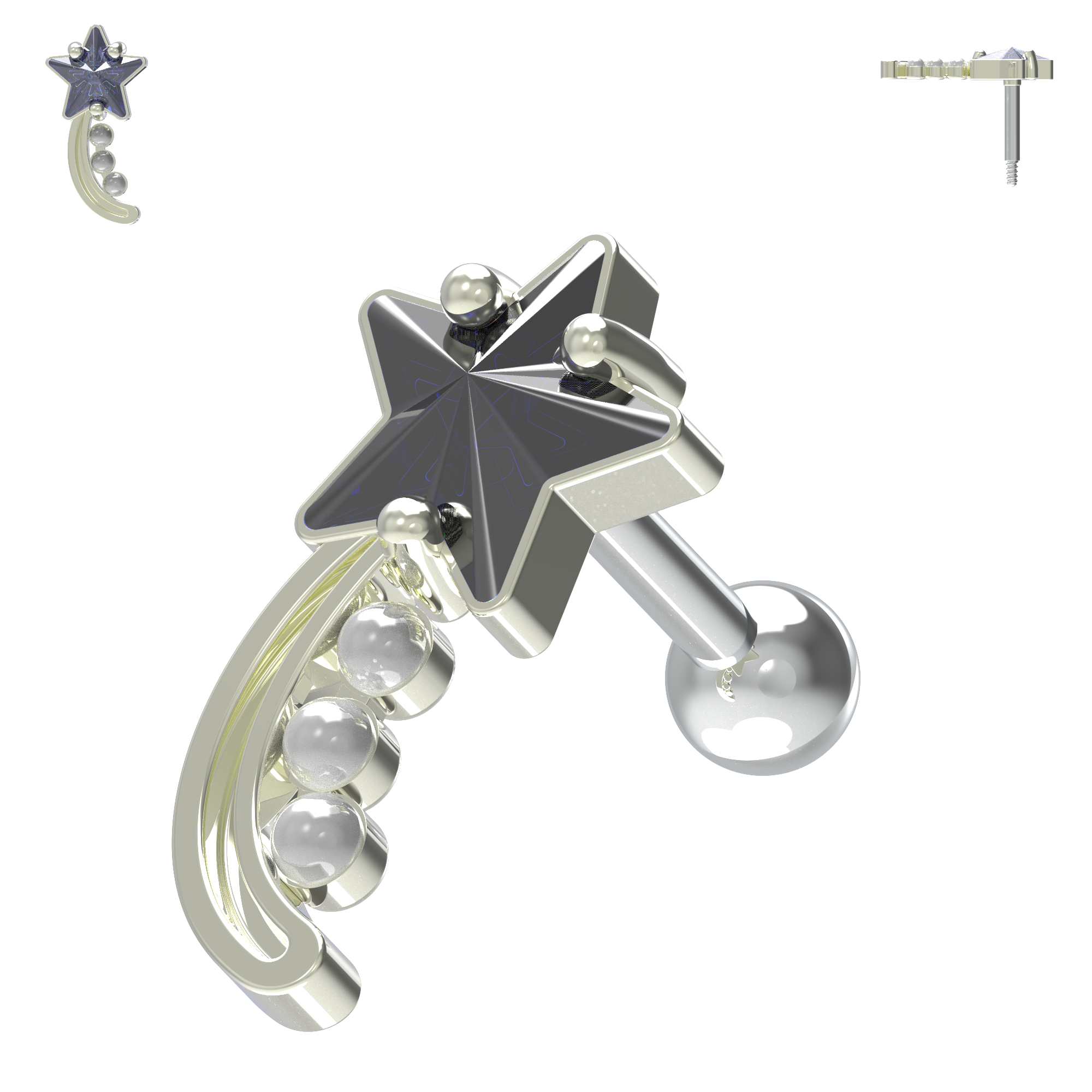 925 Sterling Silver Shooting Star & Pearl Cartilage Ear Stud - Monster Piercing